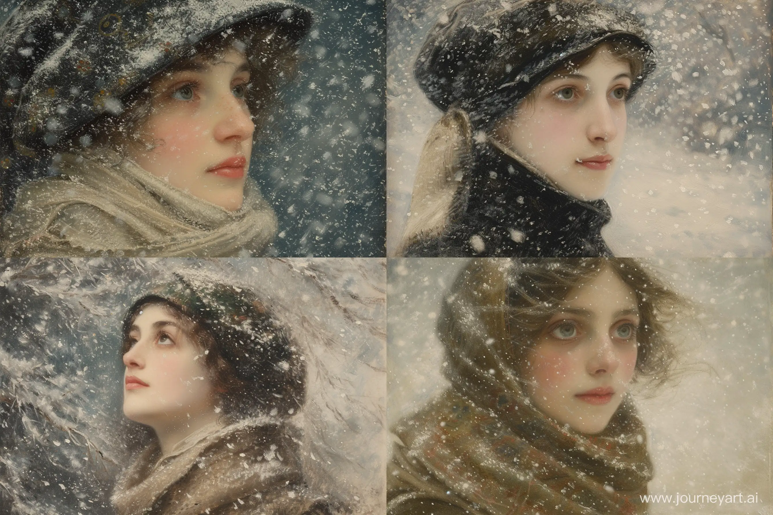 portrait of a young woman under a snowfall in 1920, by
John Everett Millais
--v 6 --ar 3:2