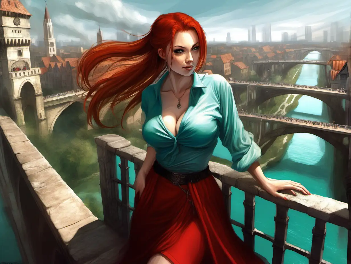 sexy beautiful busty provocative girl, ginger hair ponytail, cyan revealing shirt, red skirt vent, busy city, very large bridge, day, Medieval fantasy painting, MtG art