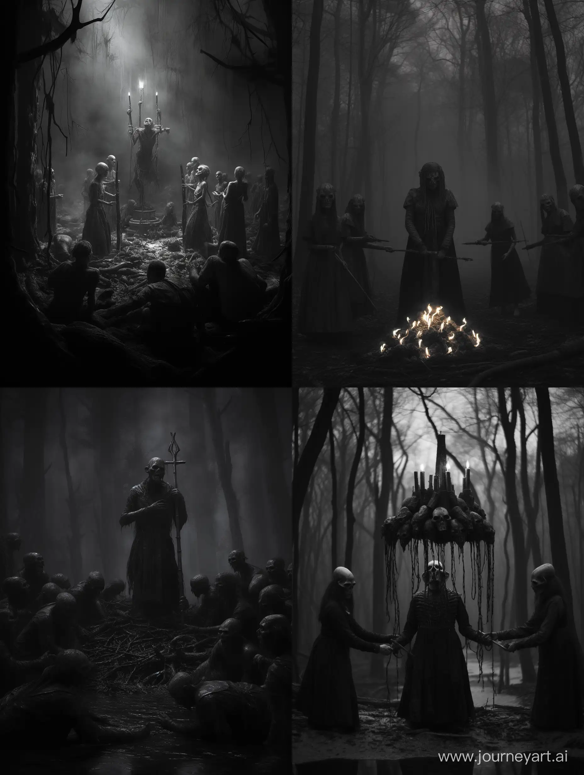 Ritualistic Sacrifice: Capture a scene where a group of pagan worshippers engage in a dark ritual, with a sacrificial offering at its center. Grayscale, pagan horror, nightmare fuel, taken on provia