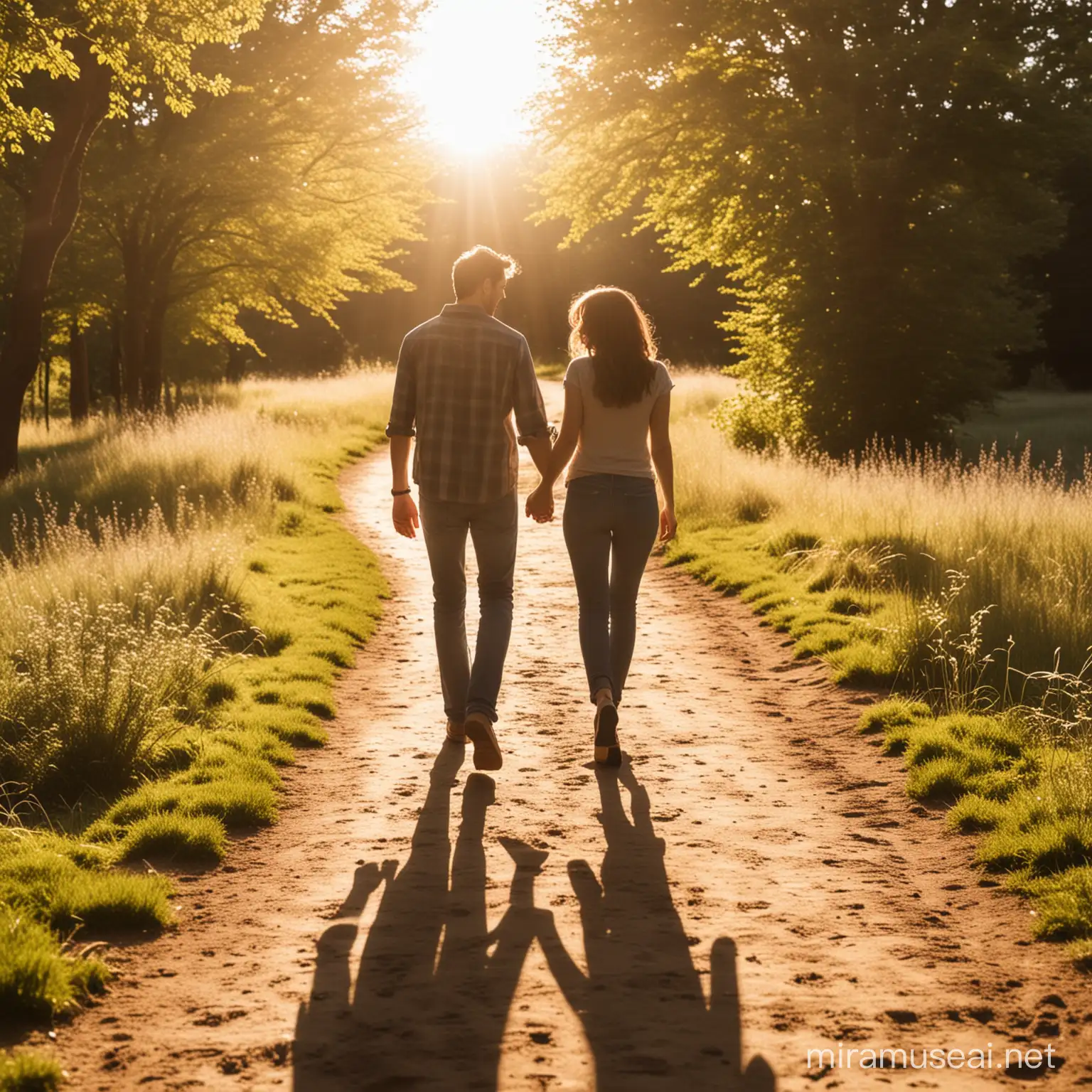 Romantic Couple Walking Hand in Hand in Sunlit Park