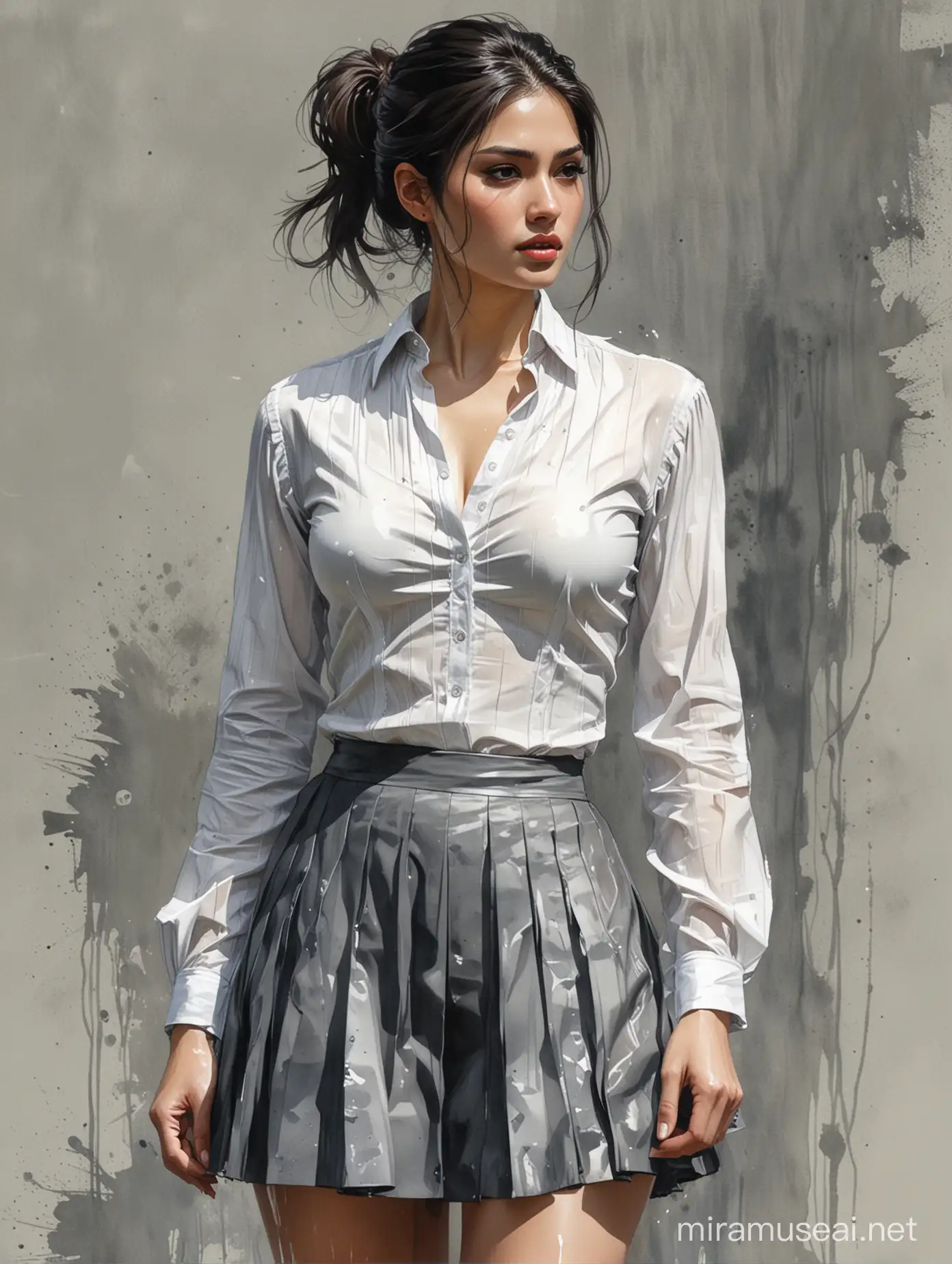 Alex Maleev illustration depicting Jane de Leon wearing blouse and pleated skirt, wet cleavage, ponytail hair, muscular build, No makeup, very delicate and thin lines, messy watercolor, no distortion, gray palette, insanely high detail, very high quality, extreme low angle view, seen from below
