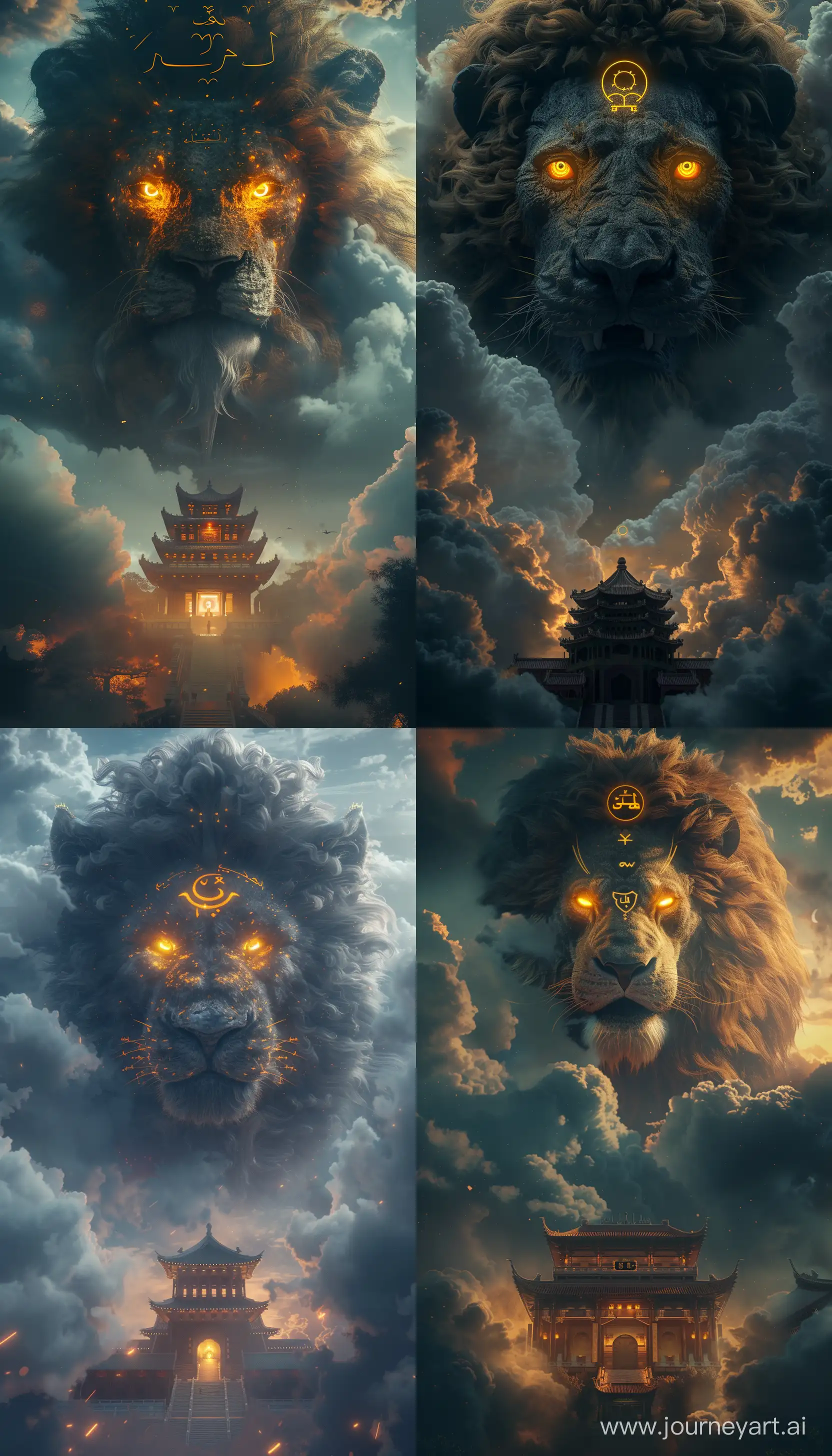 A arabic astrological sign of the lion, a giant lion with yellow eyes glowing in the dark, he's above china temple, surrounded by clouds, arabic background, mythologics effects, dynamics effects, 3d game assets, 3d animals, 3d blender animals, unreal engine, stylized 3d, chinese style, realistic, hd, 8k rendering --ar 4:7 --style raw --stylize 250 --v 6