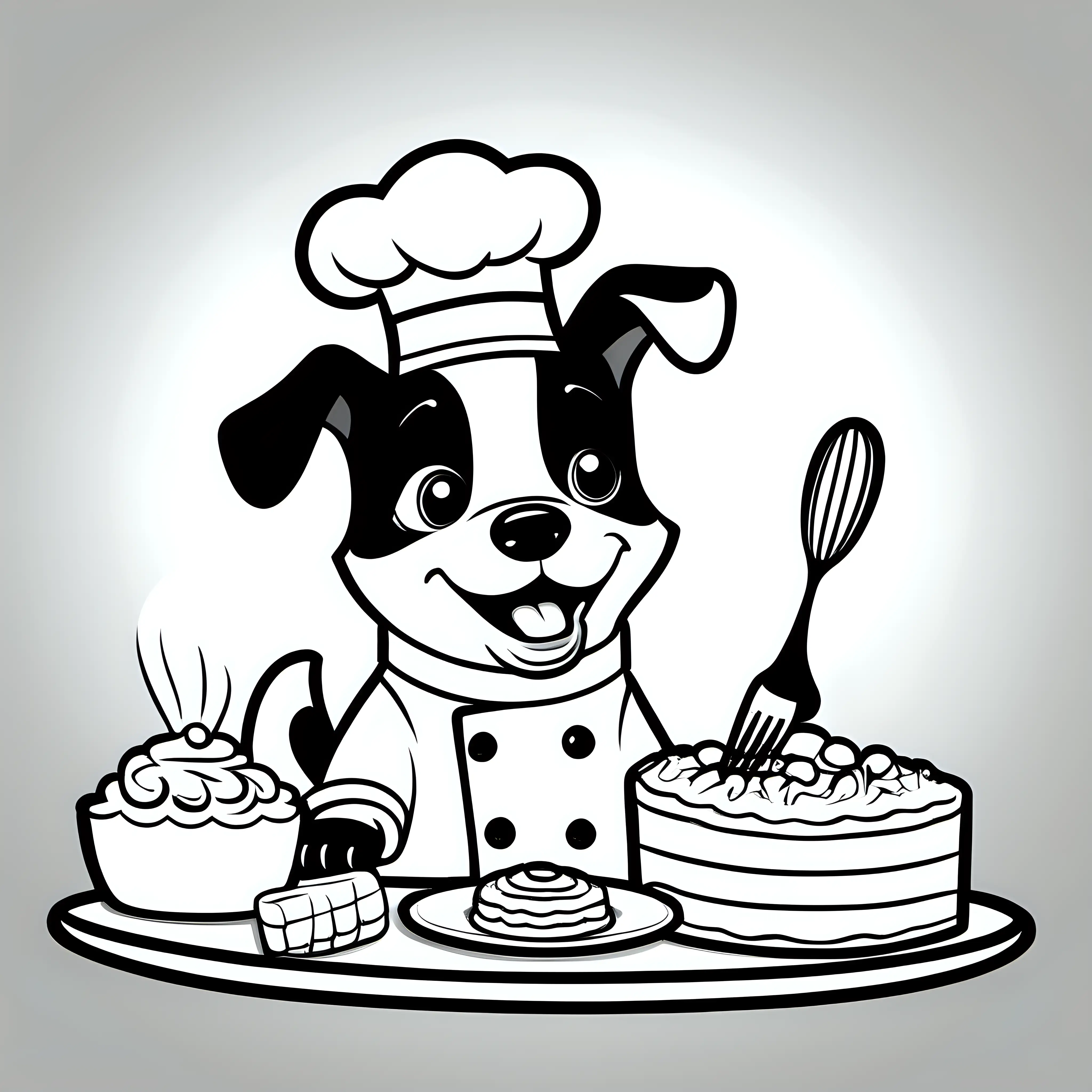 Adorable Dog Chef Baking a Cake Fun Coloring Book Illustration with Crisp Lines on a White Background