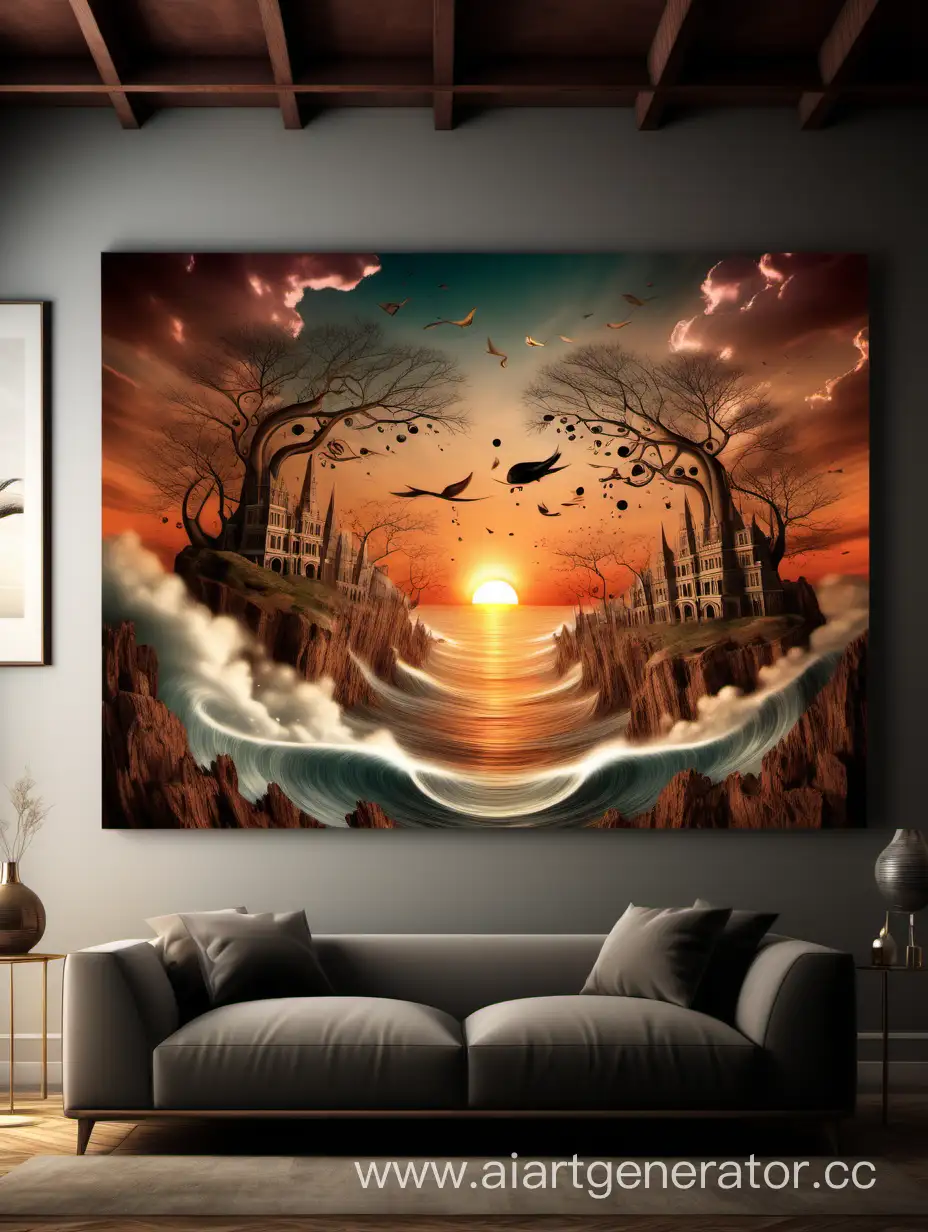 A magnificent wall art design showcasing an elegant and refined surreal scene with a fusion of natural and imaginative elements, set during the sunset, portrayed in an artwork style.