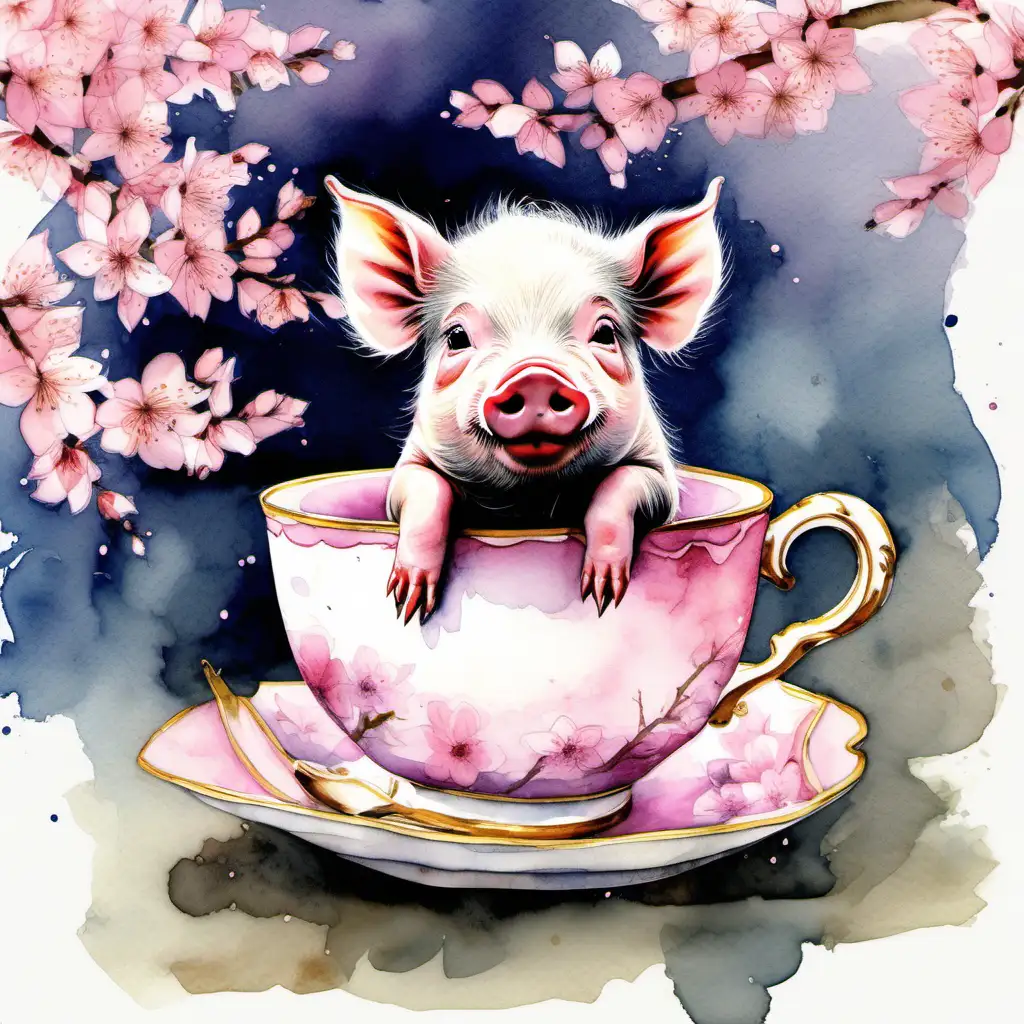 Envision a miniature pig in a pink teacup, surrounded by delicate cherry blossoms. Let the watercolors capture the enchanting pink petals falling gently around the tiny pig, creating a dreamy and serene atmosphere.