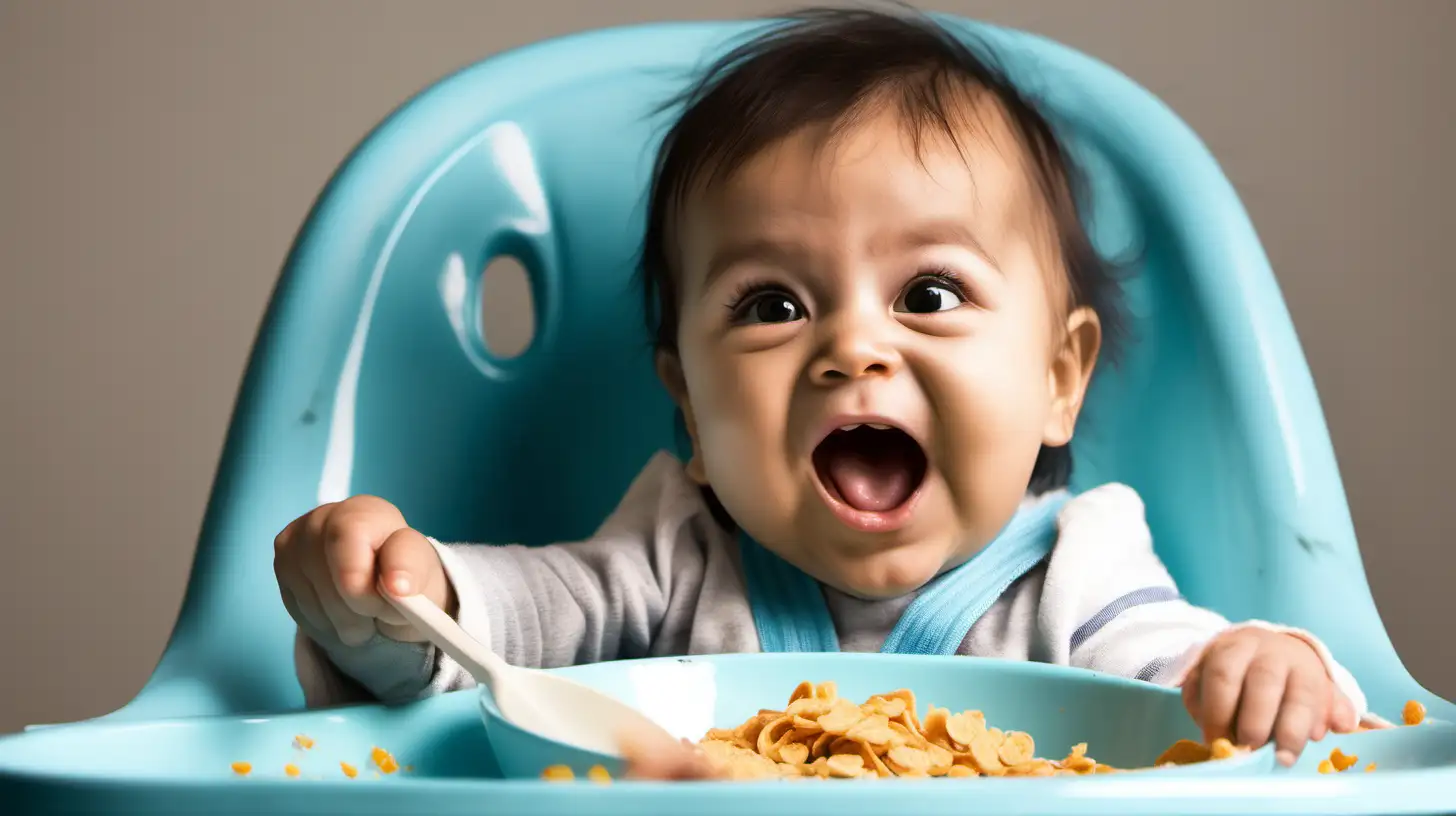 Cute baby sitting in a high chair, eagerly reaching for spoonfuls of cereal or porridge from a bowl, their messy face and joyful expression captured in high resolution, perfect for promoting infant nutrition.