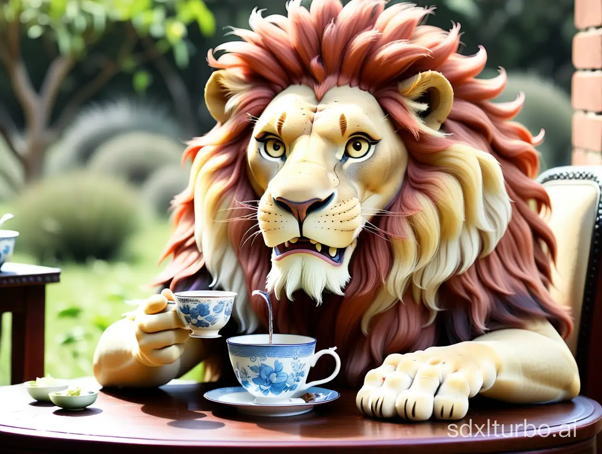 Majestic-Lion-Savoring-Tea-in-Enchanting-Wilderness