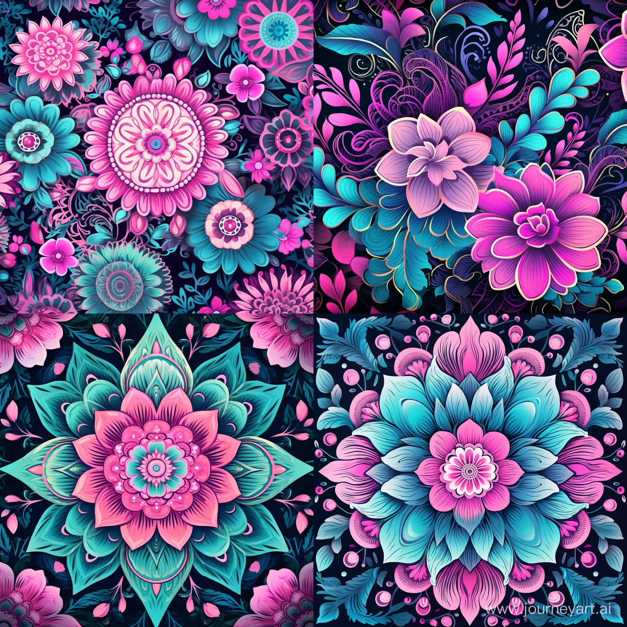 A background for the computer that includes flowers, mandalas, in shades of turquoise-pink-light pink, on a dark background