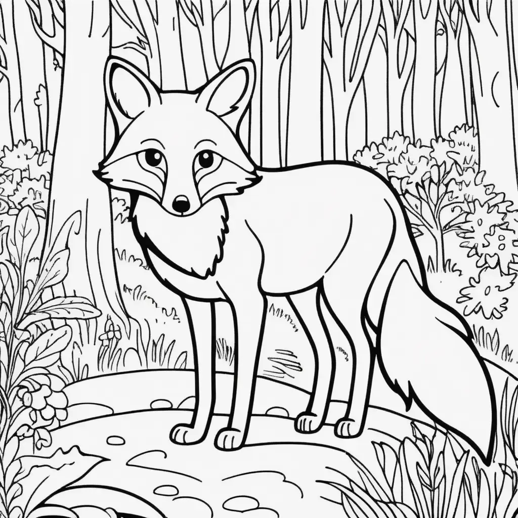 simple coloring book picture of fox in woods