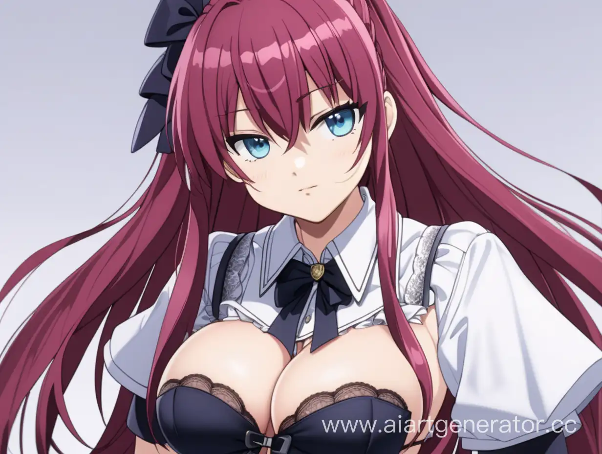 Rias is a beautiful young woman with a voluptuous body, white skin, blue eyes (blue-green in the anime, season 1-3) inherited from her father, Zeoticus, and a buxom figure. Her body measurements are [B99-W58-H90 cm] [B39-W23-H35 in]. Her body weight is [58 kg] [128 lbs].

Her most distinctive feature is her long, beautiful crimson hair which she also inherited from her father, that reaches down to her thighs with a single hair strand (known in Japan as ahoge) sticking out from the top. Her hair also has loose bangs covering her forehead and side bangs framing her face. Rias' height is 172 cm. (5 feet 8 inches), making her one of the tallest female characters of the series.

Although Rias has worn various types of clothing throughout the series, her most commonly worn outfit is the Kuoh Academy girls' school uniform, which consists of a white long-sleeved, button-down shirt (short sleeves for spring/summer), with a black ribbon on her shirt collar worn under a black shoulder cape and a matching button-down corset, a magenta skirt with white accents, and brown dress shoes over white crew-length socks. Rias also tends to wear seductive lingerie and thongs, especially when she has a desire to sleep with Issei.

On some rare occasions, Rias wears glasses when she's deep in thought, as she feels they make her mind work better despite having perfect eyesight.