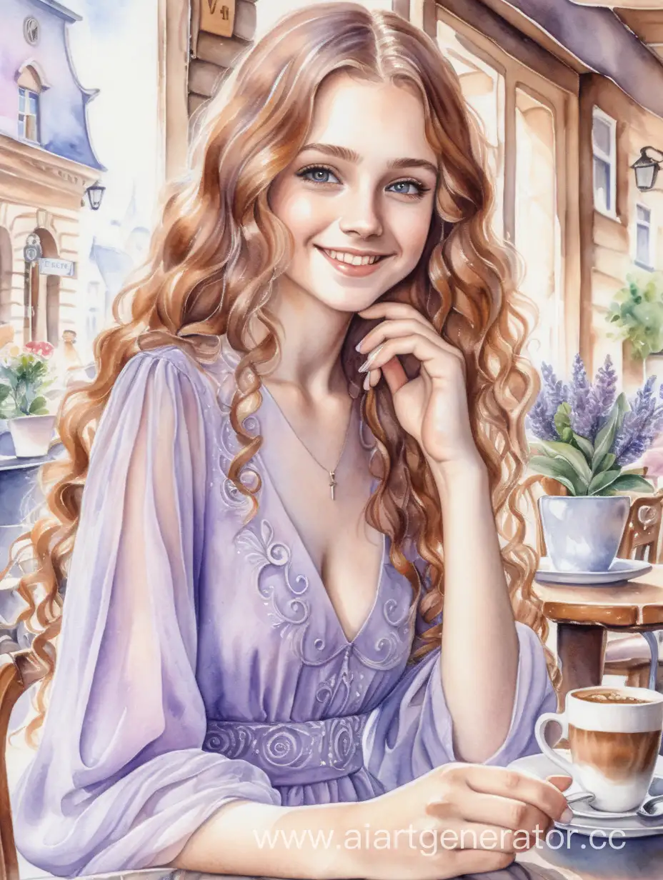 Charming-Slavic-Girl-Enjoying-Coffee-in-Lavender-Dress-at-Caf