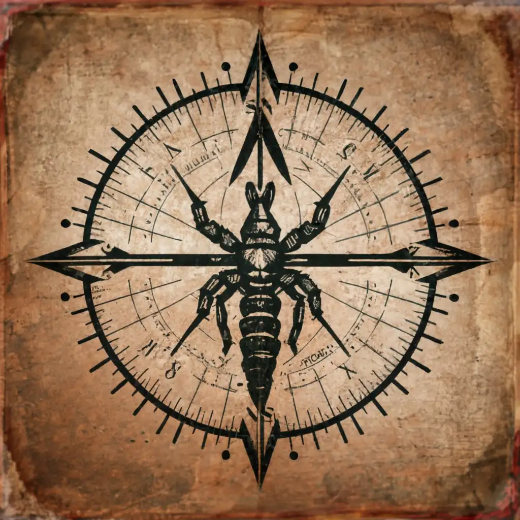 a logo design,with the text ".", main symbol:Compass Rose, Scorpion (low detail) crawling on it, old paper background,Moderate,be used in Travel industry,clear background