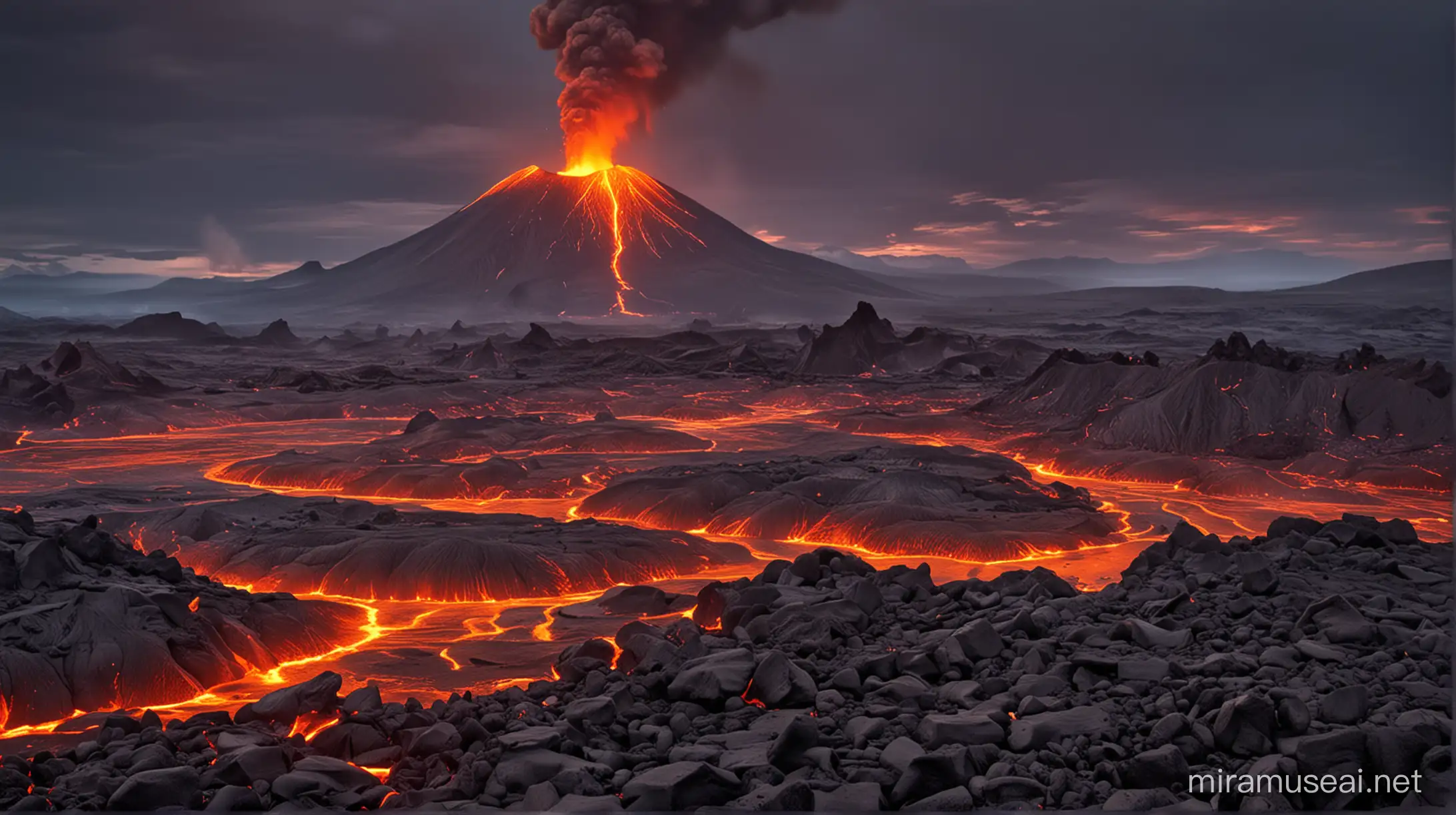 Erupting Volcano with Fiery Lava Flowing in Iceland