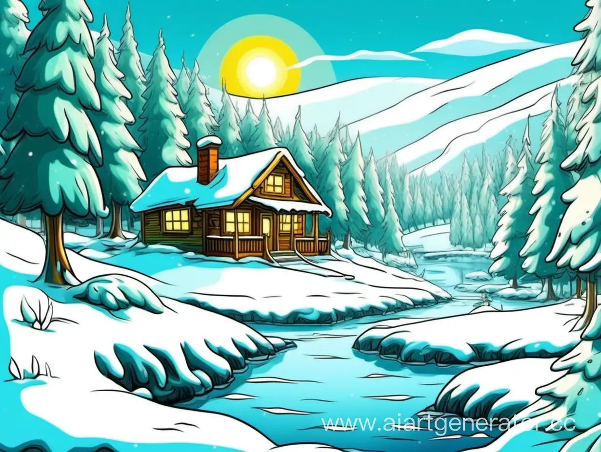 the hut on hill in forest. RIver flows under the hill. Its winter. Frost. Sun is bright. Picture is pained in style "The Simpsons" cartoon.