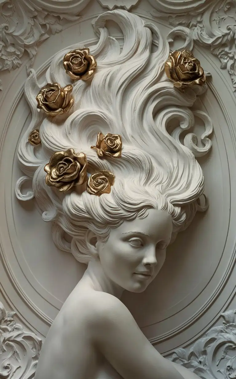 white basrelief sculpture of young woman head with huge flowing hair and gold roses