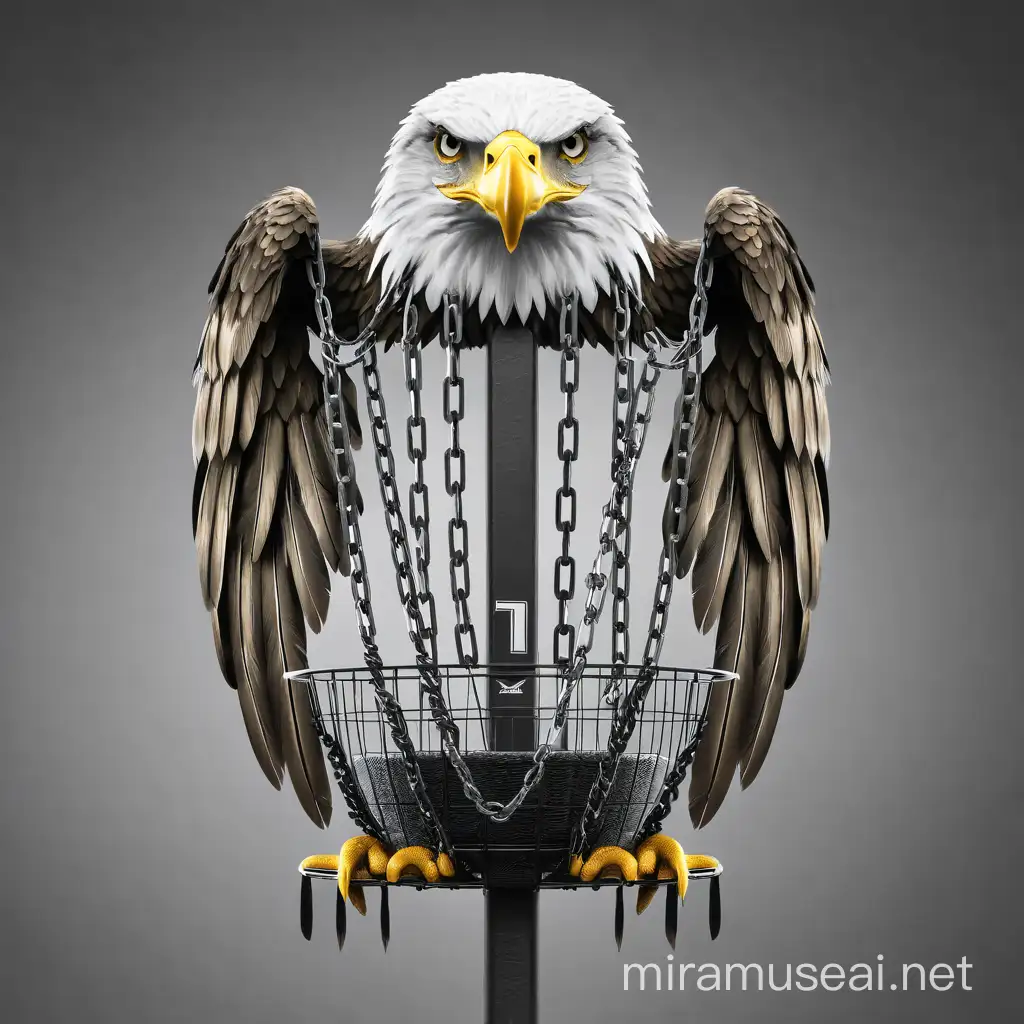 Simple, black and white, no color, no gradient, no background, disc golf basket that is in the shape or an eagle. The chains are the feathers of its wings. The basket is the talons.