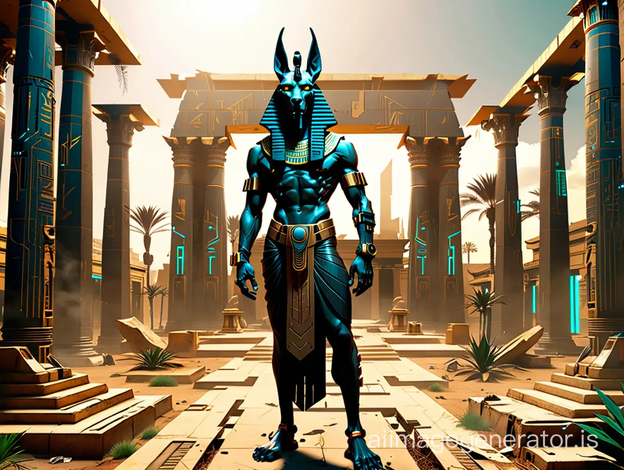 A visualization of the character of Anubis, the Egyptian god, in a cyberpunk form clearly with old temple in backyard