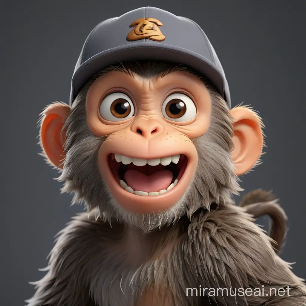 Create a high-quality 3D studio photo of a cartoon monkey wearing a cap. The monkey should have expressive eyes and a playful pose. The background is dark gray