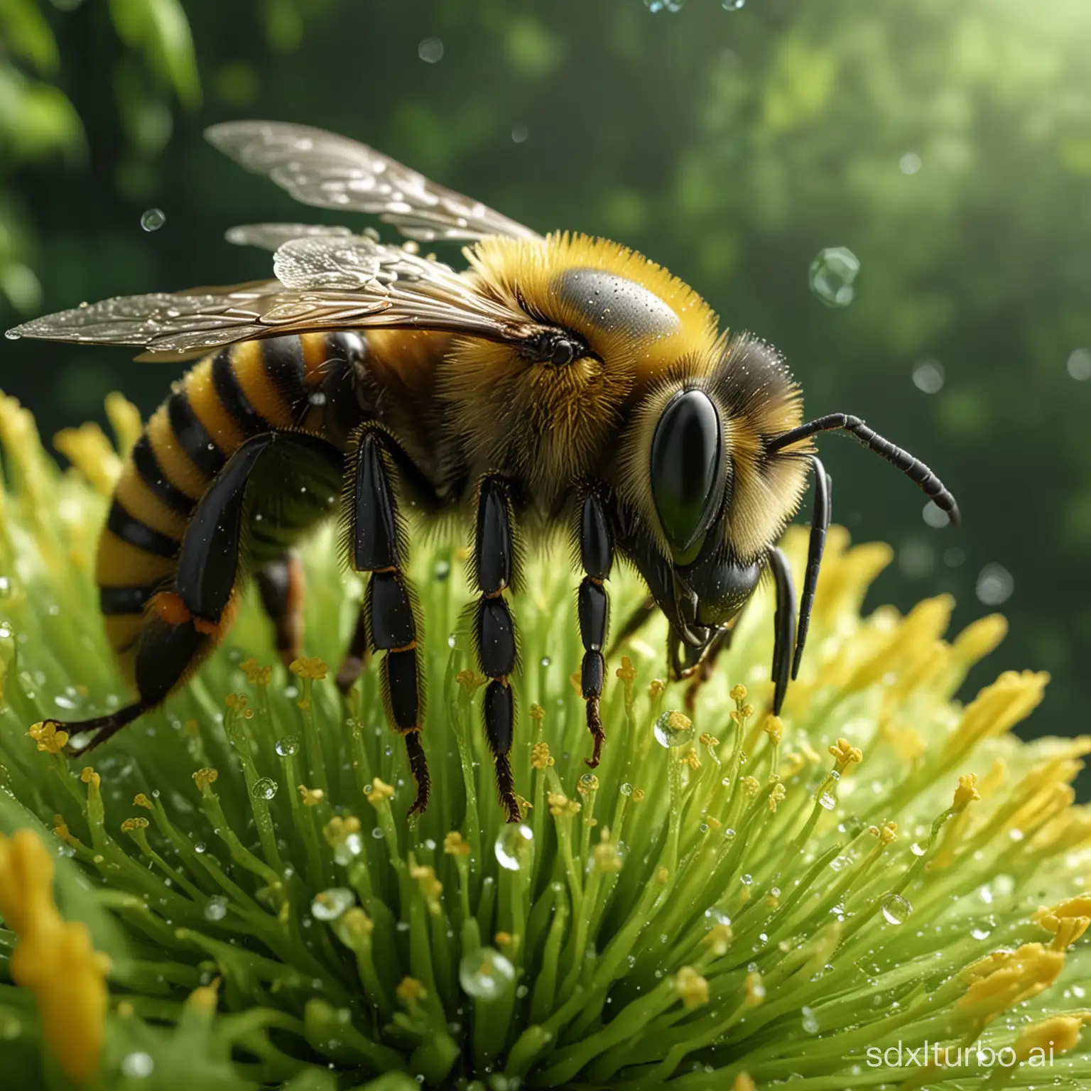 Ultra-realistic super macro photo of a bee on a flower from another planet, color green :: 3 yellow :: 2, adorned with raindrops in the forest, fantastic realism, very attractive, 8K resolution, super high detail texture and effects light/dark lighting, Cinema 4D, high quality 3D model, direct view., professional_studio
