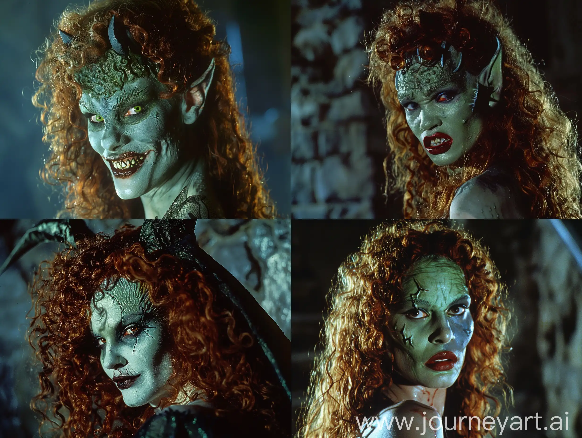 fit female demon with dark greyish-green skin, curly redhead, attractive green face with pointy chin, enlarged sharp eyebrow ridges and cheekbones, vampire fangs, special makeup effects by Tom Savini, half body shot, film scene from a 1980s horror movie like Evil Dead by Sam Raimi and Demoni by Lamberto Bava, dehydrated