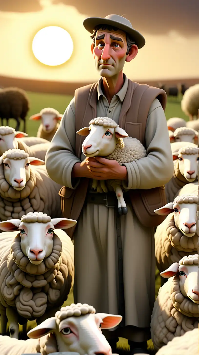 A kind and caring shepherd, with a gentle expression, counting his sheep as the sun begins to set.