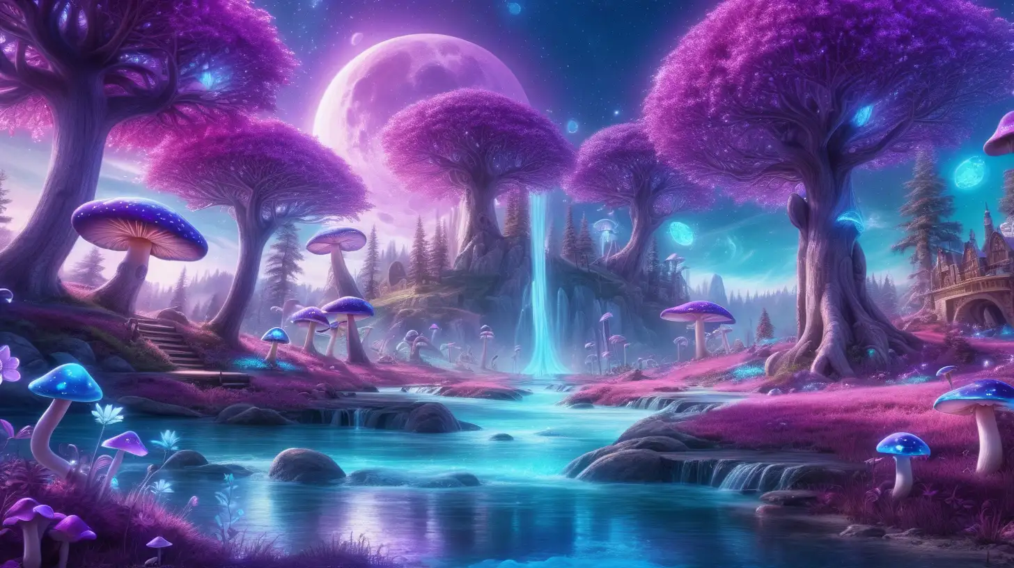 Total sun eclipse in sky with Forest of Bright royal-purple and blue big, flower trees, purple, pink surrounded in turquoise dust. Bright-blue-river. Daylight, 8k, fairytale luminescent mushrooms. Magical, fantasy and potions and florescent ice and bookshelf