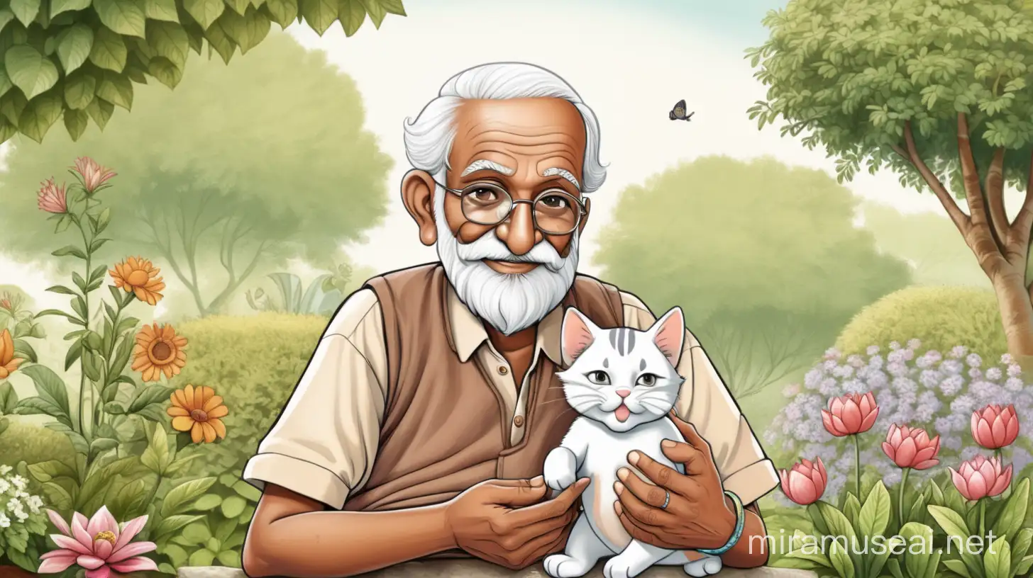 A old Indian man with his grandson and a kitten in garden. Please make the image cartoon type.
