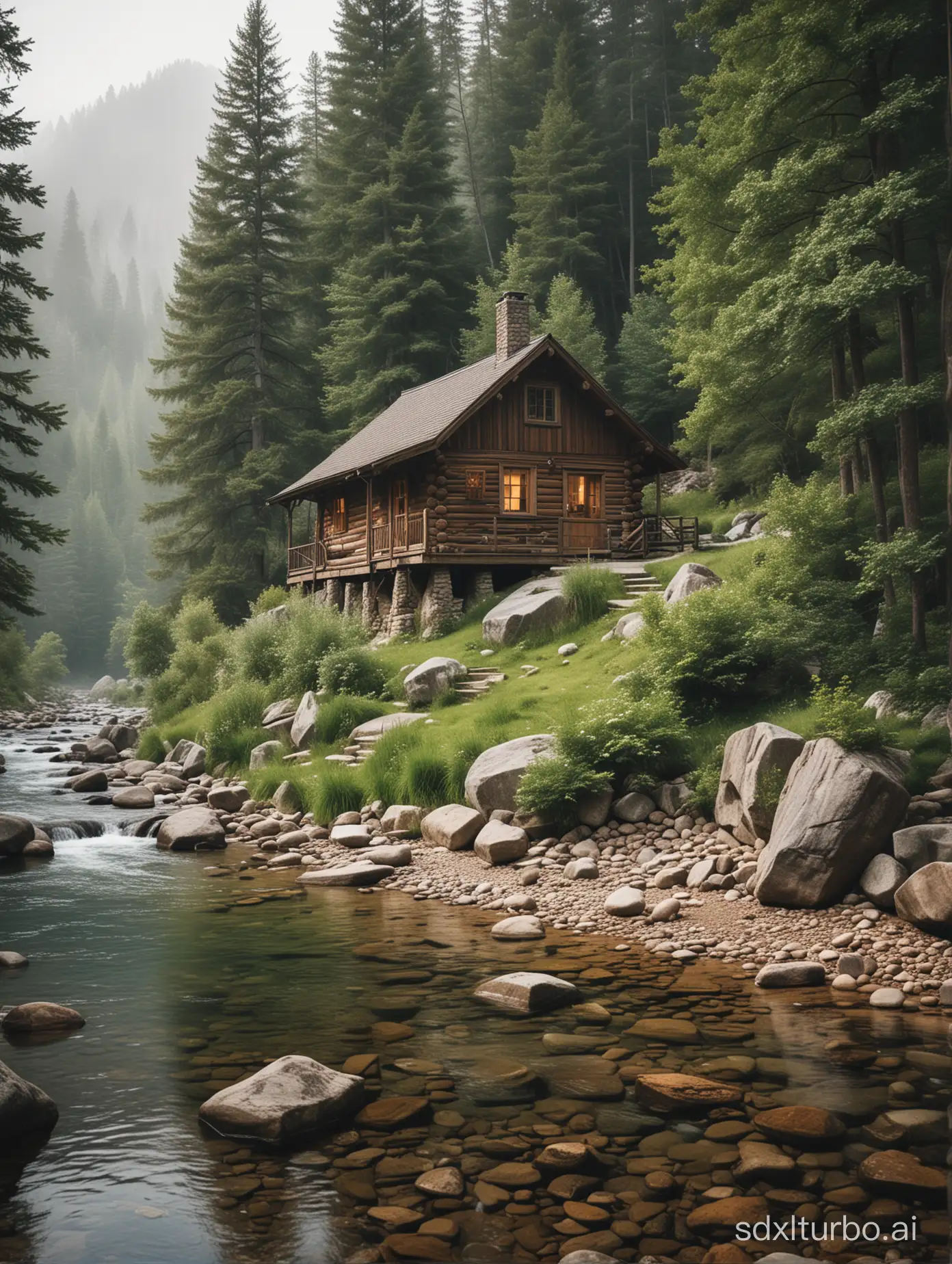 a serene and picturesque image of a rustic cabin by a river, nestled in a mountainous landscape. The greenery and the misty mountains in the background give it a very peaceful and secluded feel, like a perfect retreat from the hustle and bustle of modern life. The composition of the light, the textures of the trees, water, and the rocks are beautifully rendered, suggesting a skilled artist's hand in capturing this tranquil scene. It’s the kind of place that would be ideal for anyone seeking solitude or inspiration amidst nature.