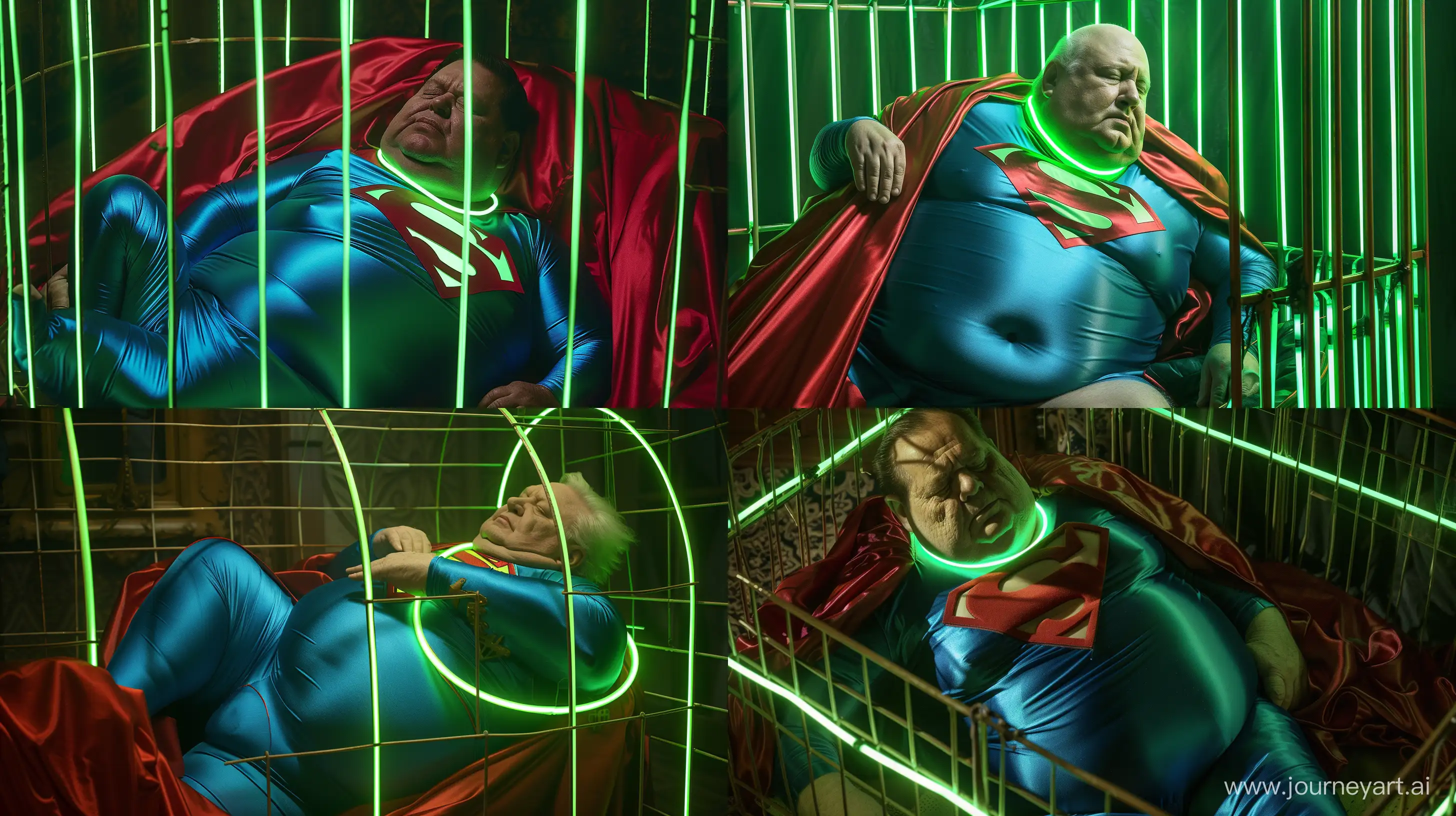 Photo of a fat man aged 60 wearing a silk blue superman tight costume with a large red cape and a tight green glowing neon dog collar. Sleeping in a green glowing neon cage. Natural light. --style raw --ar 16:9