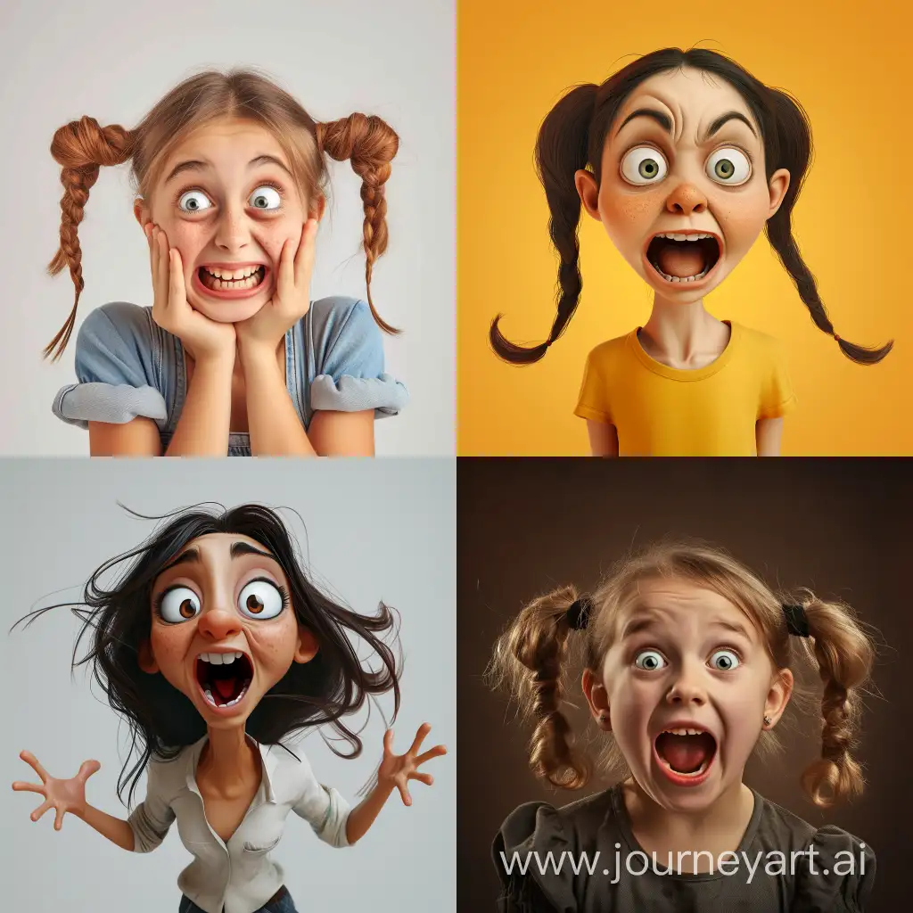  Imagine a funny image  of a girl with exaggerated facial expressions and gestures.