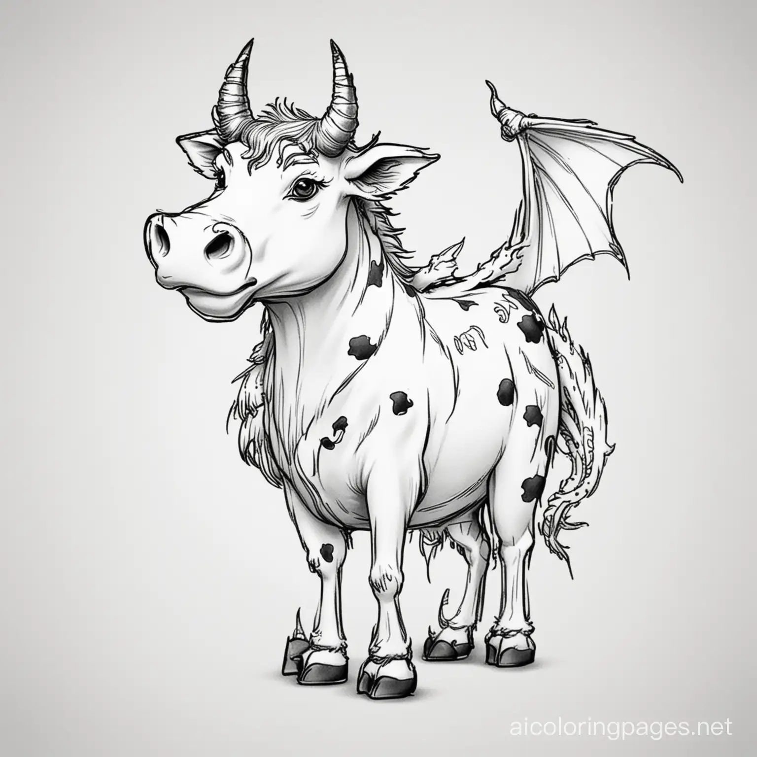 cow fused with a dragon, Coloring Page, black and white, line art, white background, Simplicity, Ample White Space. The background of the coloring page is plain white to make it easy for young children to color within the lines. The outlines of all the subjects are easy to distinguish, making it simple for kids to color without too much difficulty