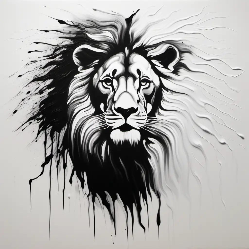 create an abstract black and white oil painting with running colours of a lion on white background