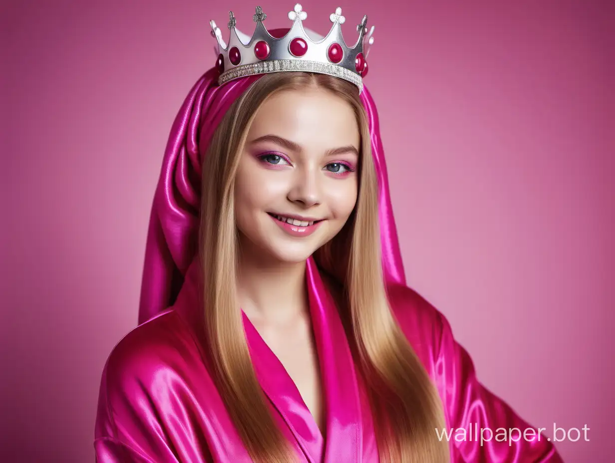 Glamourous portrait of sweet, young, sunny queen Yulia Lipnitskaya with long straight silky hair Smiling in Luxurious Pink fuchsia Silk robe with pink fuchsia silk towel turban and crown on the head