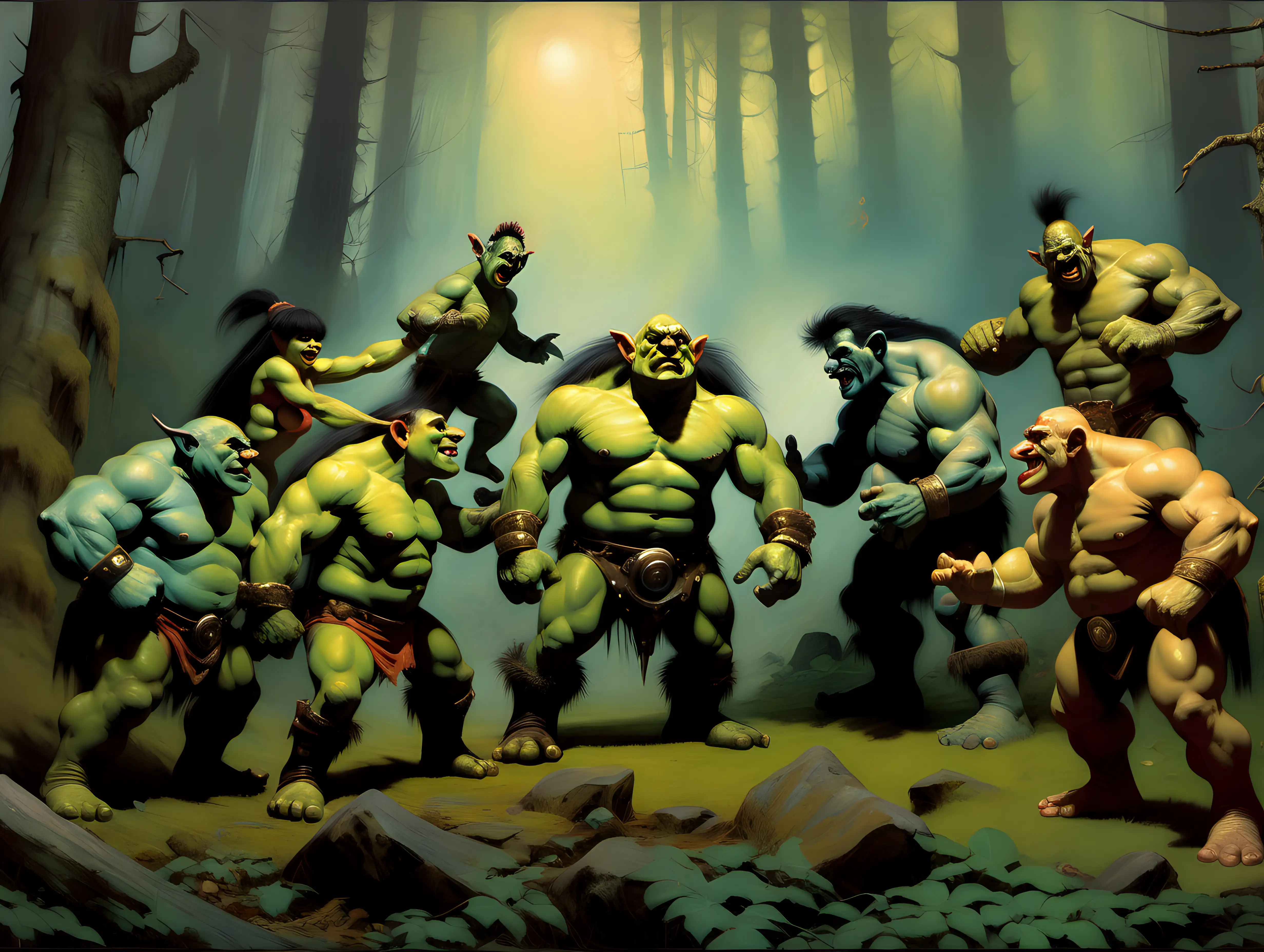 Epic Wrestling Match Trolls and Ogres in Enchanted Forest Frank Frazetta Style
