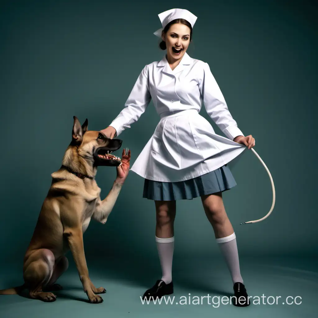 Молодая медсестра с голыми коленями и длинными рукавами стоит. Сзади собака хватает зубами медсестру за юбку и тянет назад