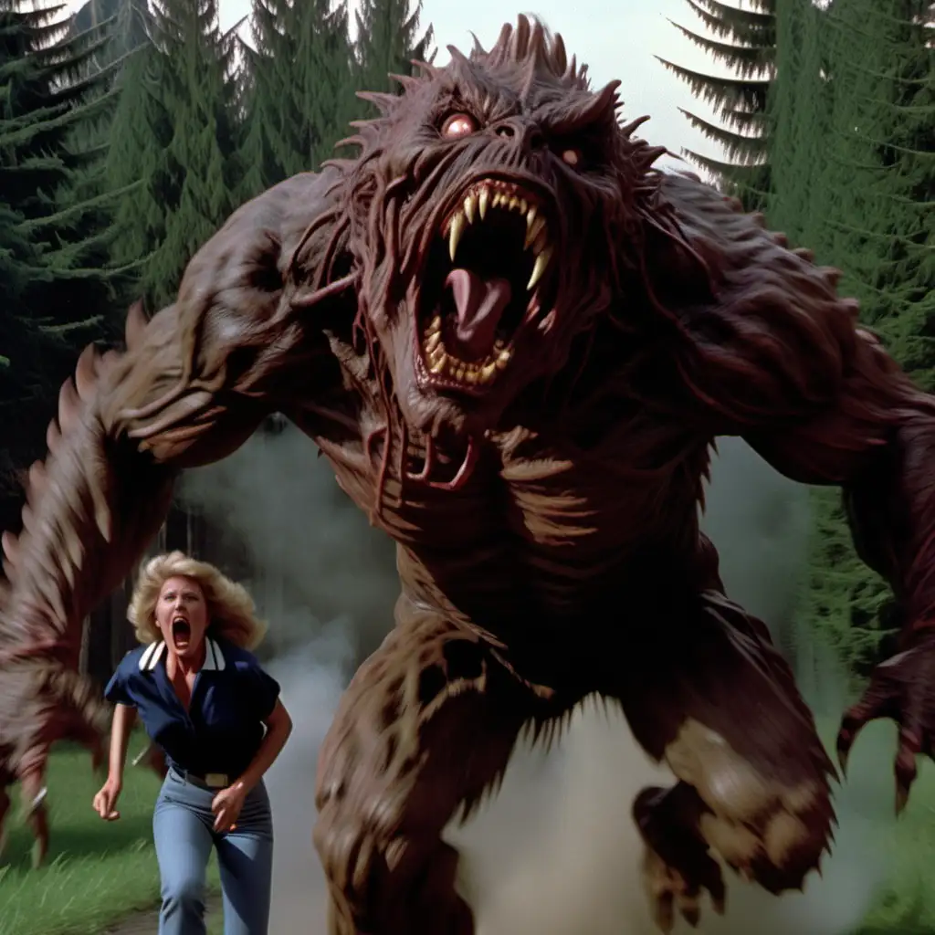 Giant Mutant Creature Roaring in 1980s Horror Movie
