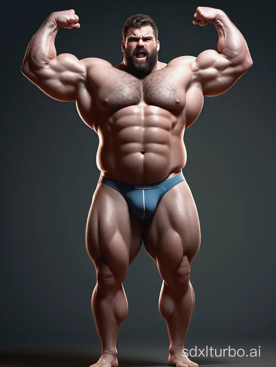 White skin and massive muscle stud, much bodyhair. Huge and giant and Strong body. Long and strong legs. 2m tall. very Big Chest. very Big biceps. 8-pack abs. Very Massive muscle Body. Wearing underwear. he is giant tall. very fat. very fat. very fat.Full Body diagram.long legs.raise his arms to show his strong biceps.raise his arms to show his giant biceps.