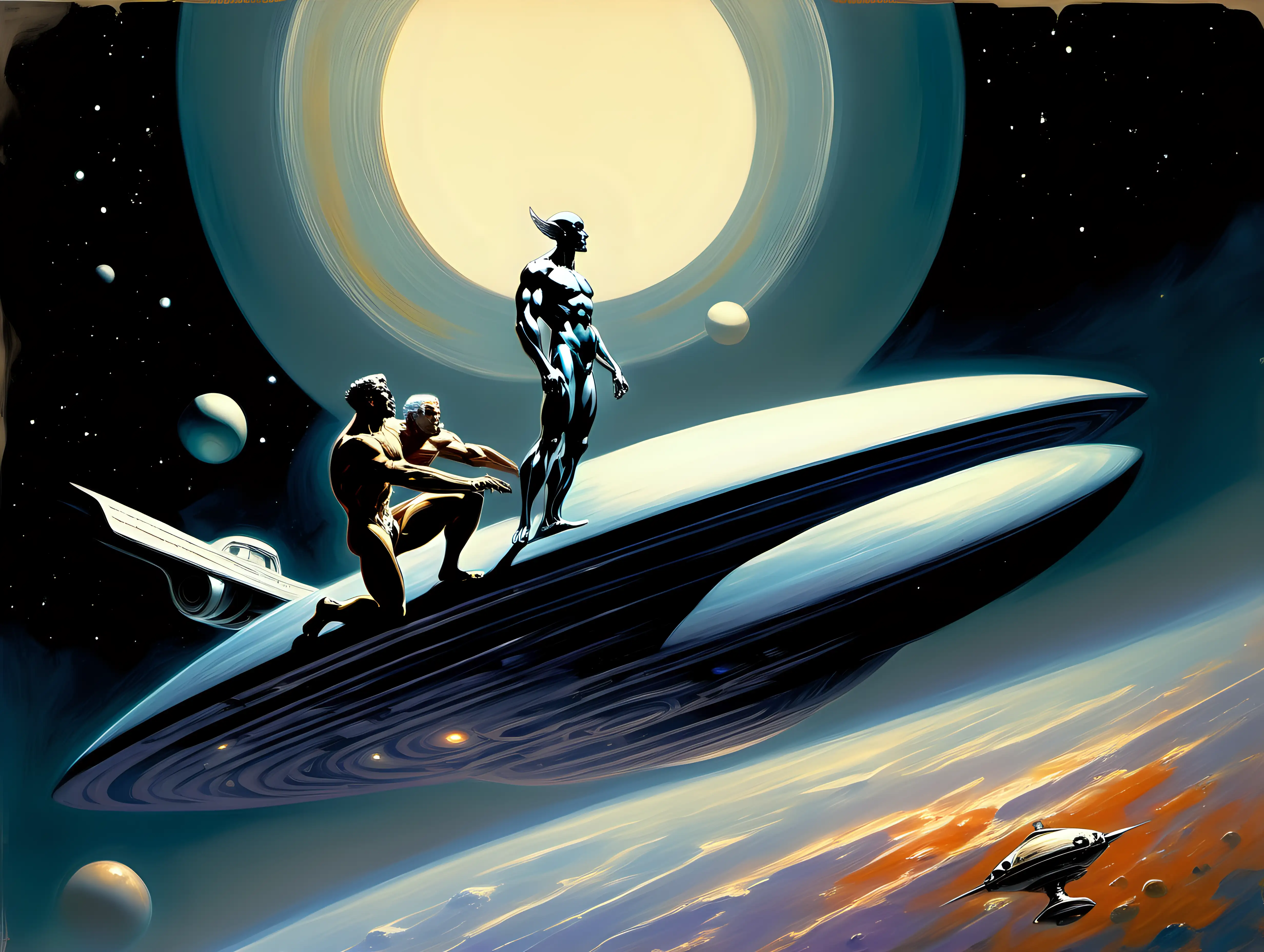 Icarus and  Silver Surfer on a space ship hovering over Saturn Frank Frazetta style