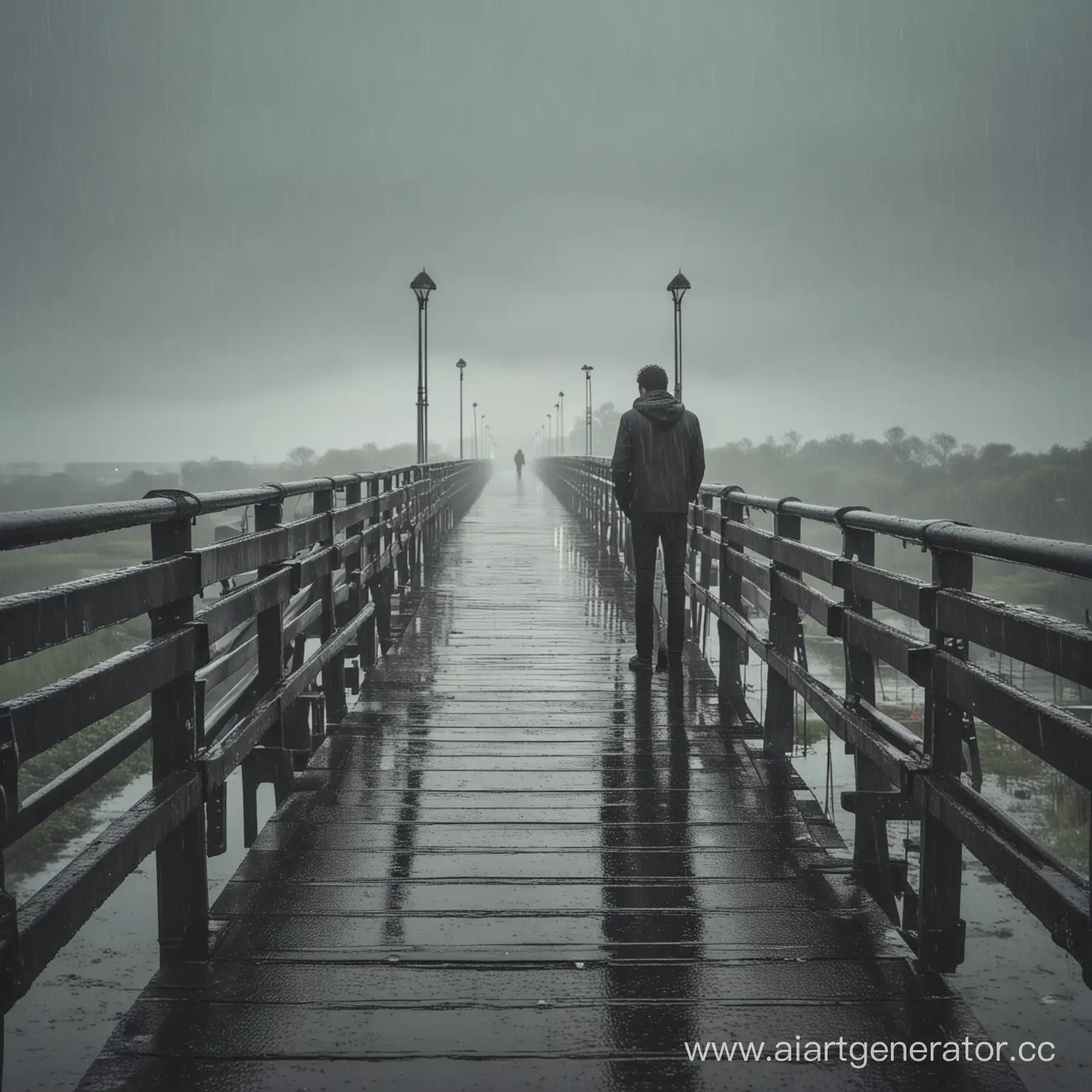 Мужчина одинокий стоит у моста,пасмурная погода,идет дождь