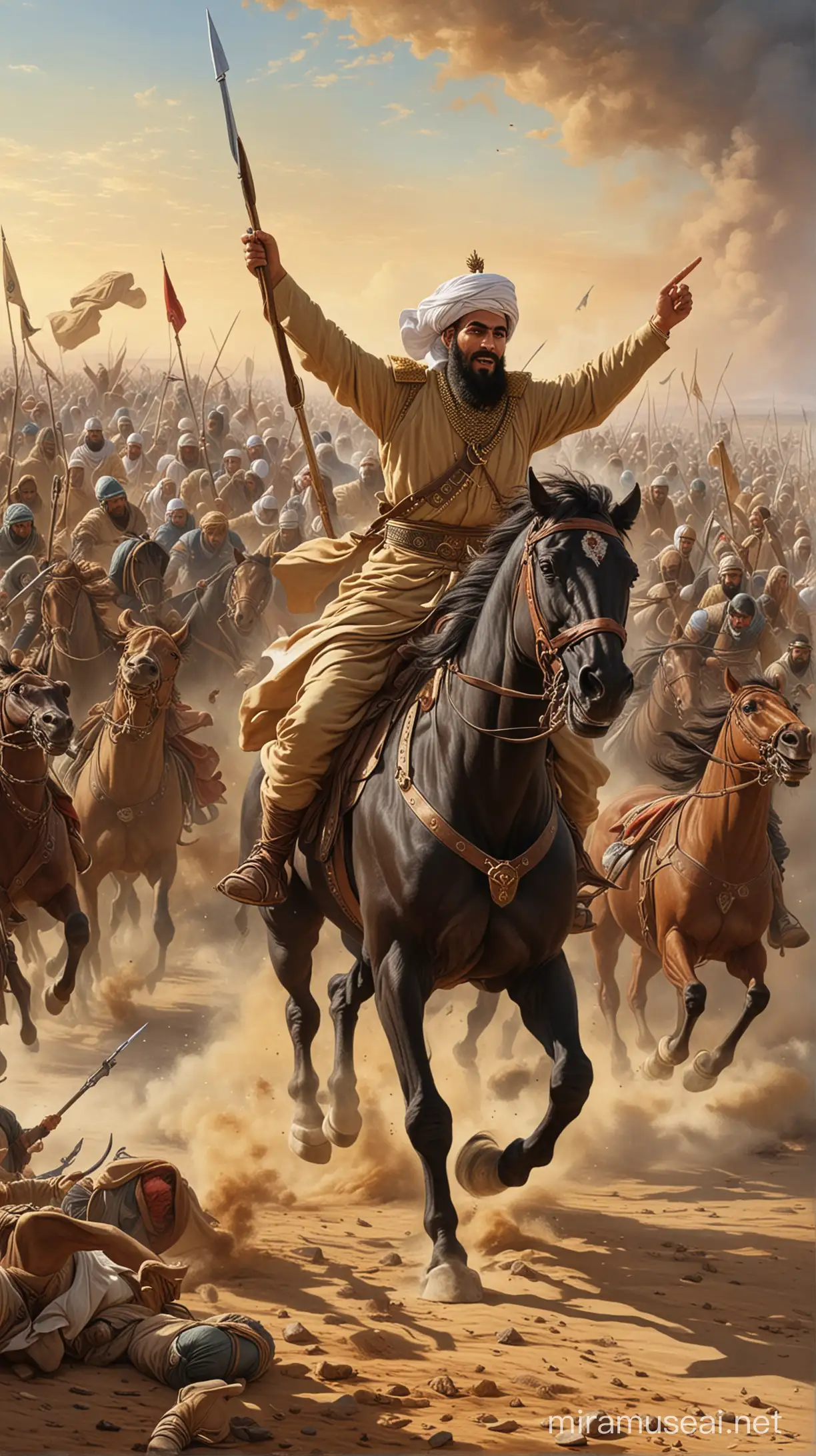A painting depicting Selahaddin Eyyubi's triumph on the battlefield.

