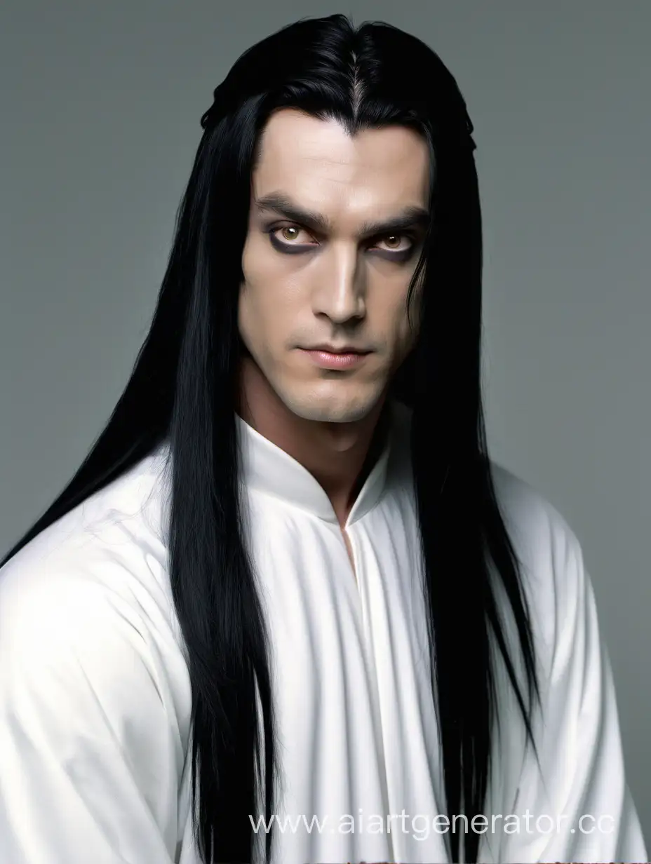 Мужчина с длинными чёрными прямыми волосами, миндалевидными глазами и чёрными крыльями на своей голове, в белой одежде с длинными рукавами.
