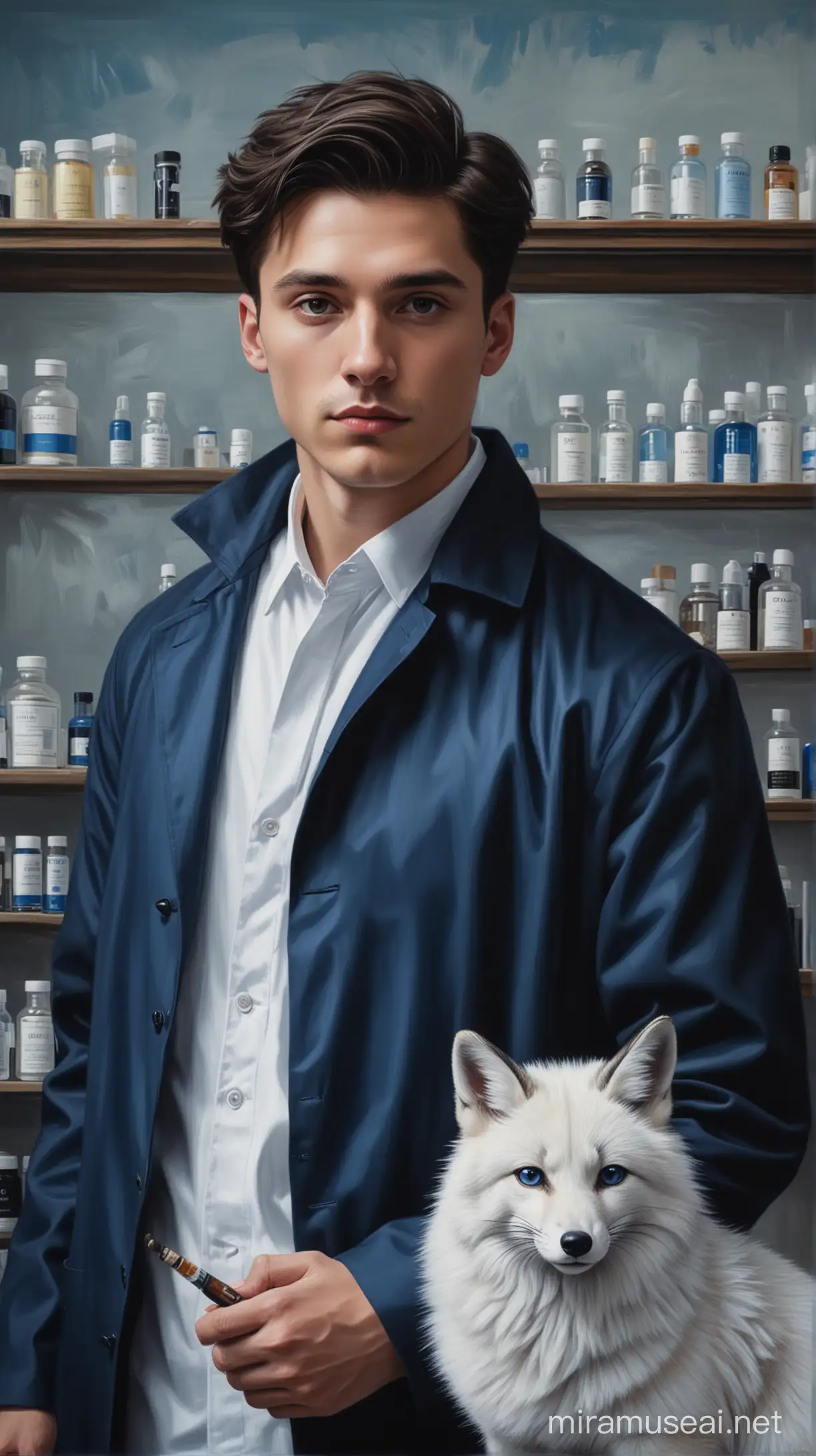 Oil element technic,realistic  painting of a pharmacy student, staring into the distance. he is wearing a blue coat with black accents. The background is a mix of blue , black, and white, with a white fox at the top left corner