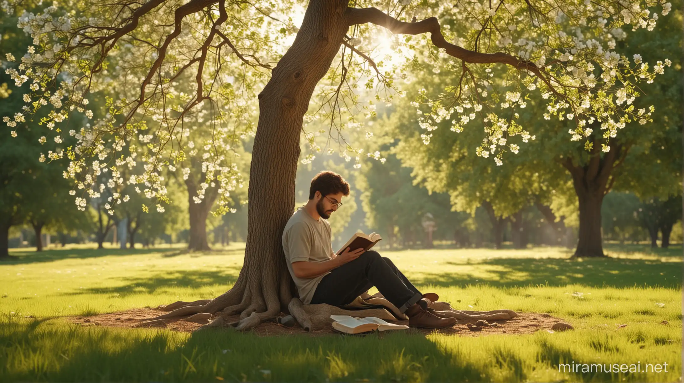 image of a person reading the Bible sitting under a tree, on a beautiful spring afternoon. 6k resolution, more realistic.
