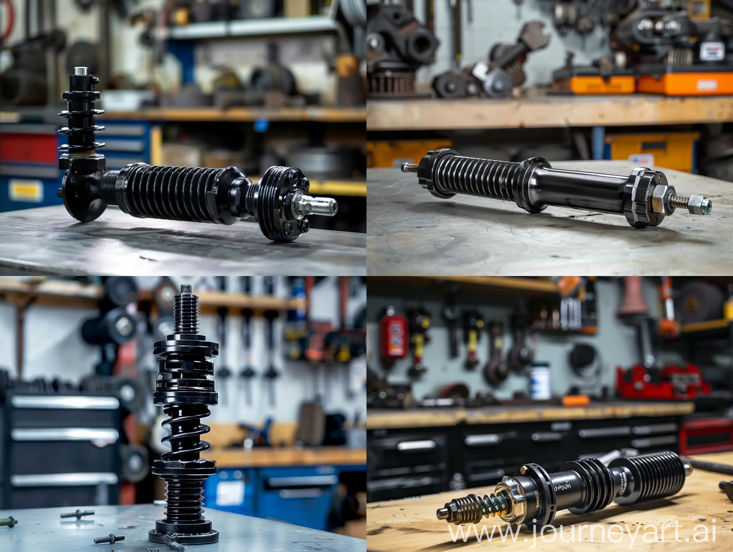 product photography, advertising, black shock absorber on the table in the mechanic garage. 16:9 aspect ratio 