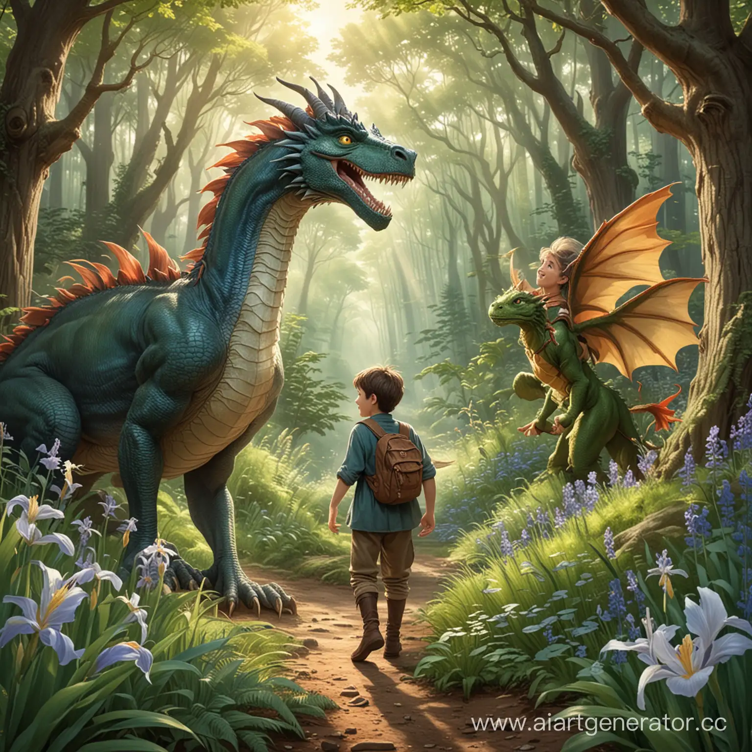 *На иллюстрации изображены Томас и дракон Айрис, путешествующие по лесу и искренне улыбающиеся друг другу.*