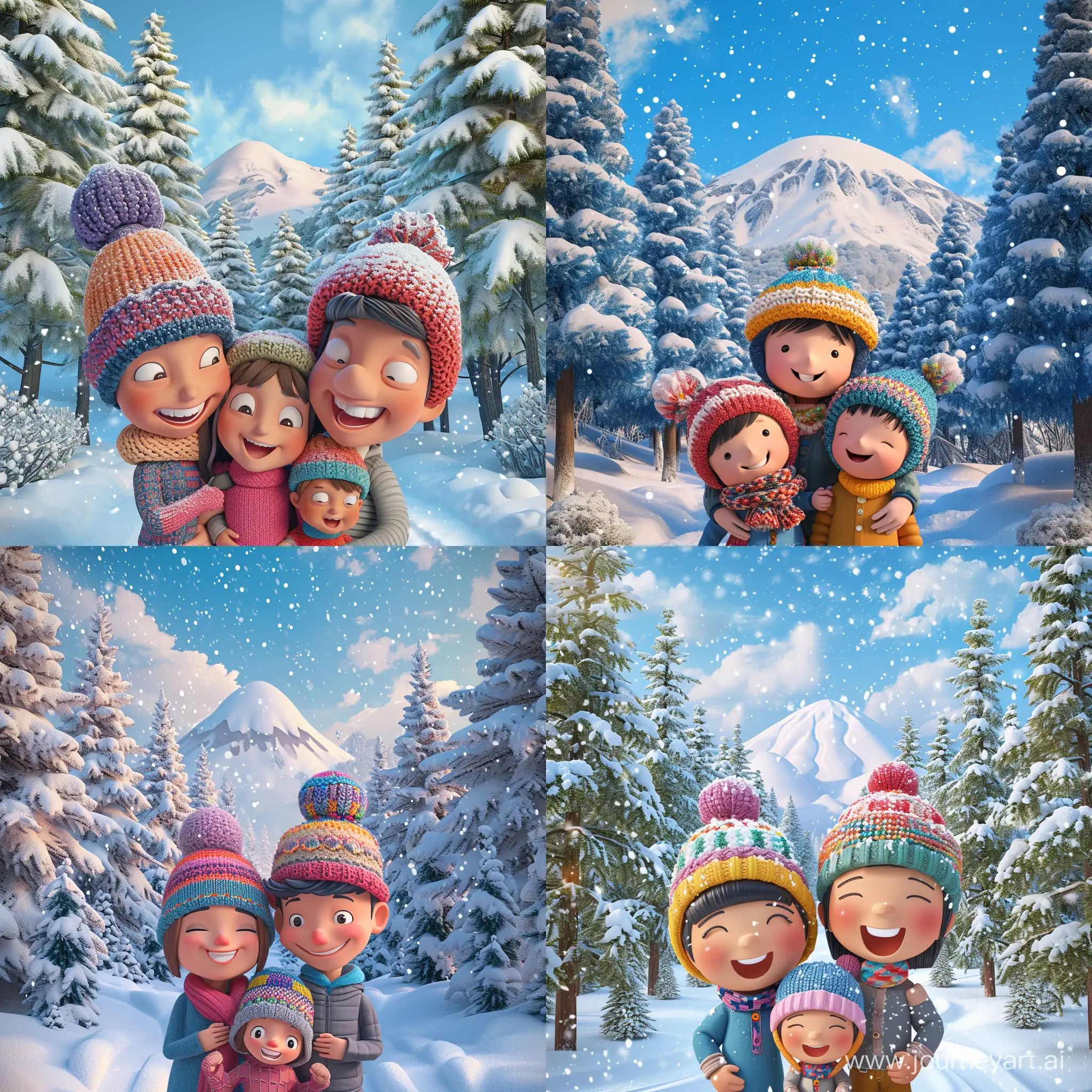 A happy 3D cartoon family poses against the backdrop of a picturesque winter landscape. Fir trees covered with fluffy caps of snow stand on either side. On the right rises a fabulous snow-capped mountain with sparkling slopes. Mom, dad, boy and girl in knitted colorful hats smile happily, their cheeks flushed from the frosty air. Behind the family you can see the Alpine meadows covered with snowy fluffy snow, winding paths of the winter forest. The purest snow shimmers and shines in the sunlight everywhere.