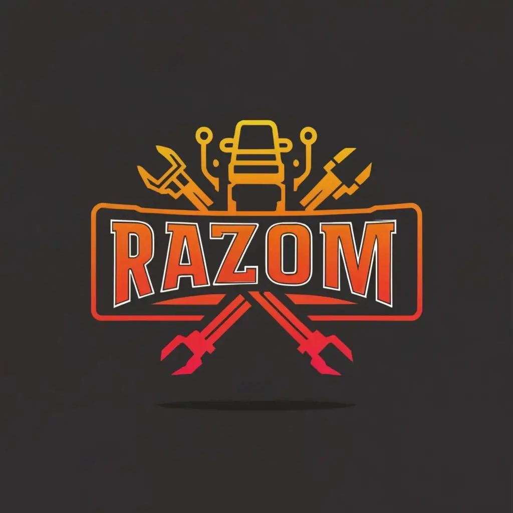 a logo design,with the text "RAZOM", main symbol:truck, car parts, gear, wrench, red and orange color,Moderate,be used in Technology industry,clear background