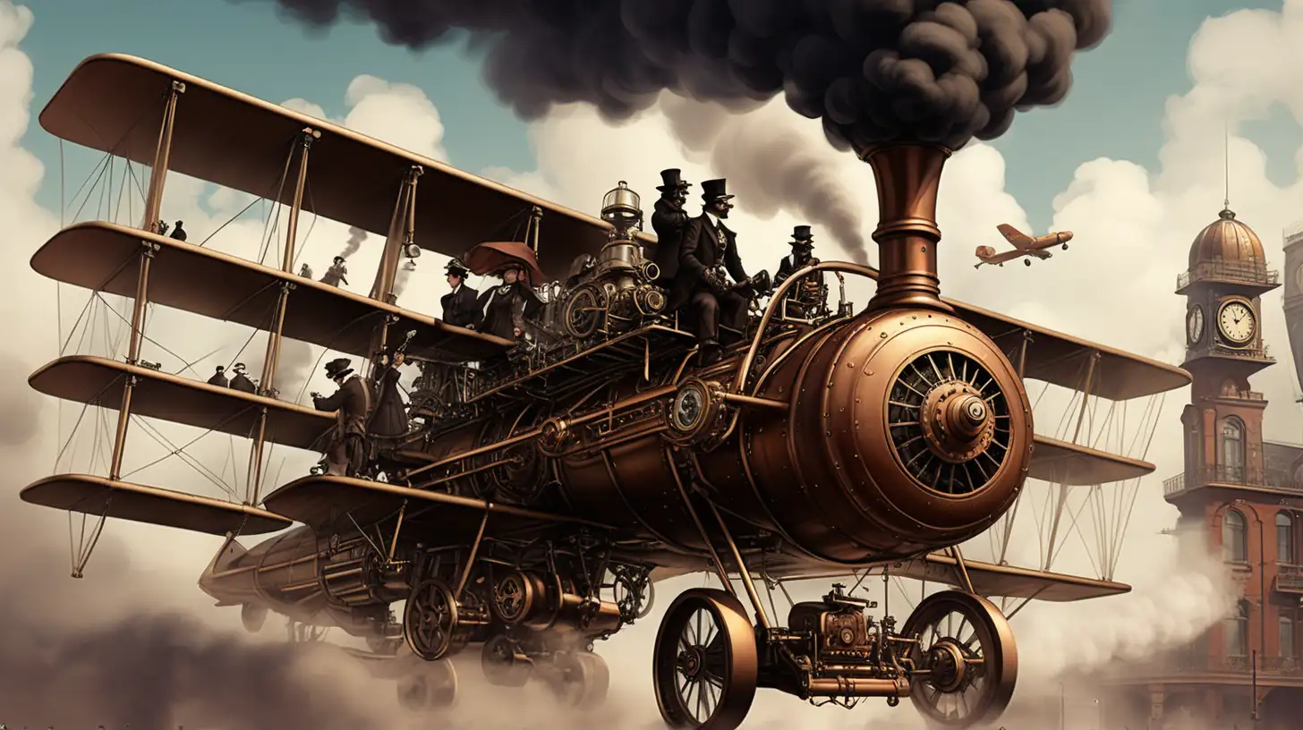 Steampunk Airplane Steam Engine Departure Scene