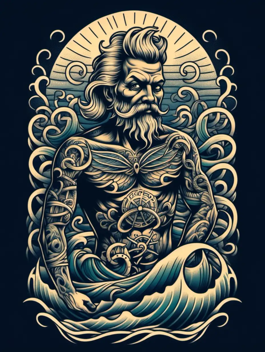 T Shirt Design, oldschool Tattoo, Sea man
