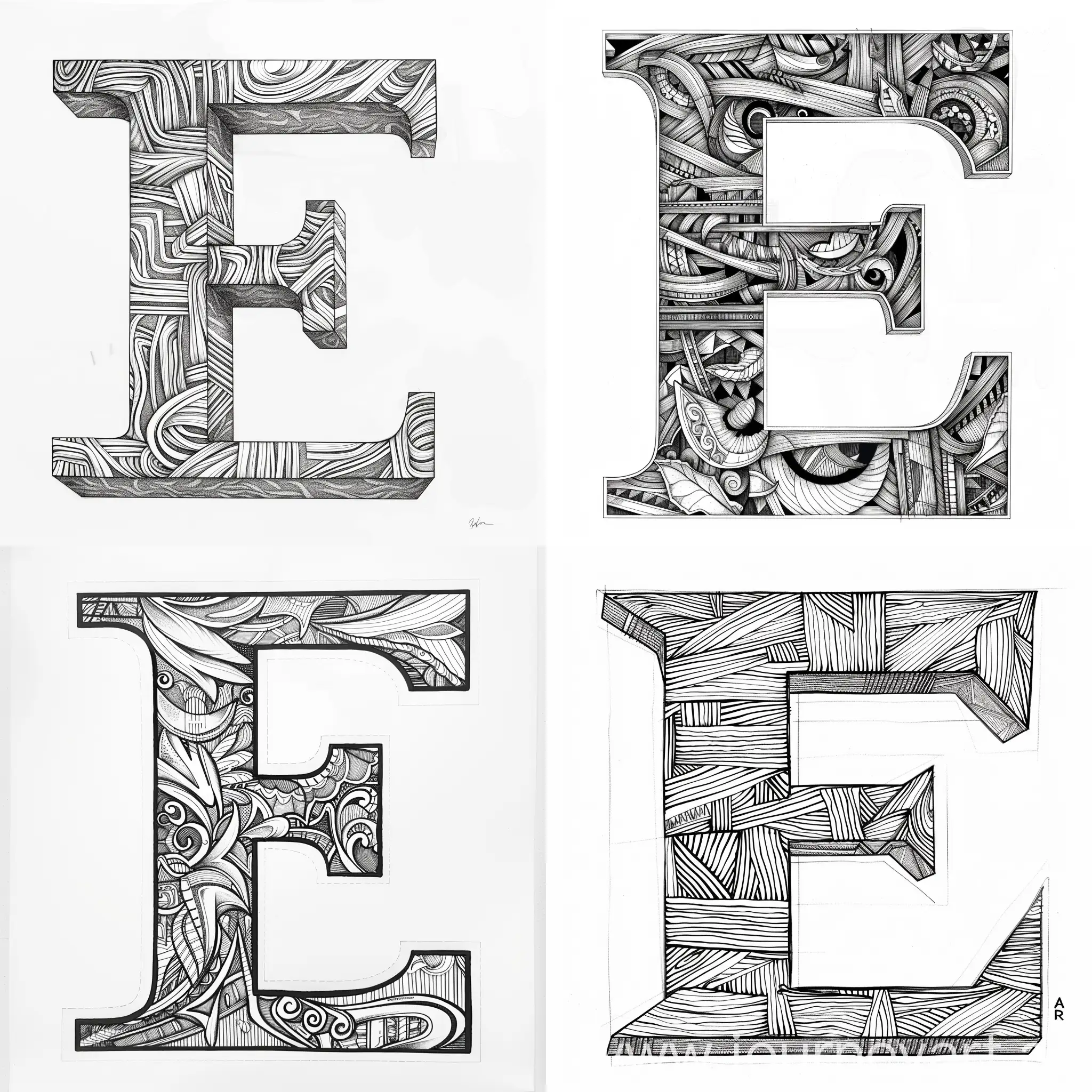 letter E volumetric, line art, monochrome 